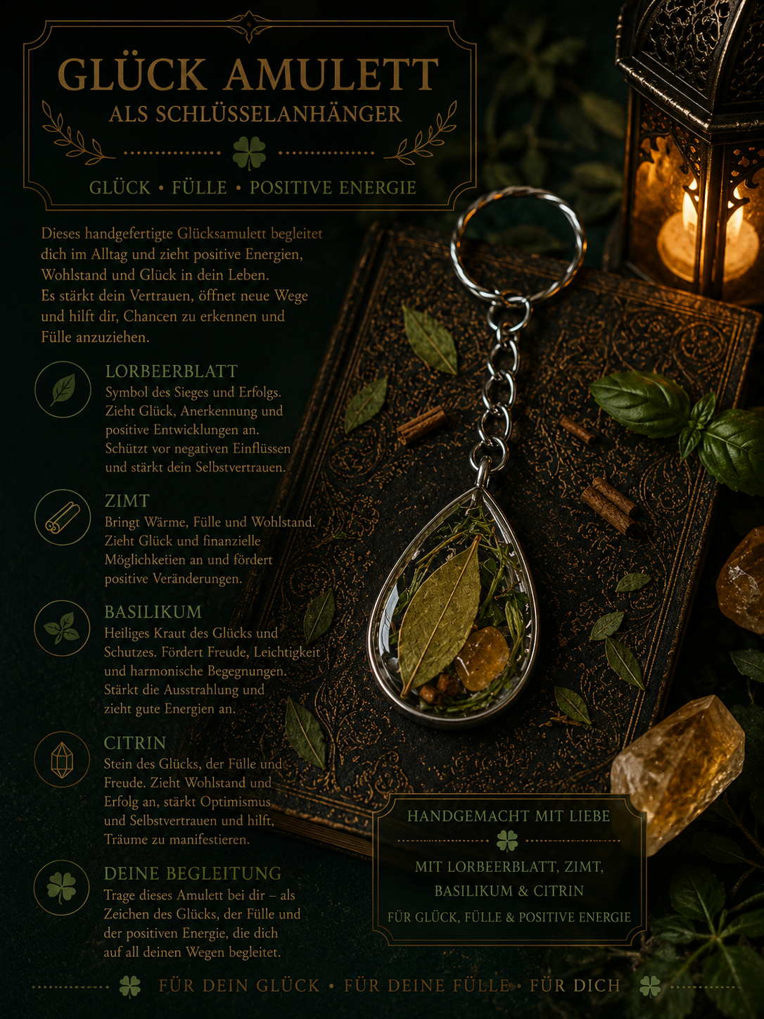 Glücksamulett mit Citrin, Lorbeer, Zimt & Basilikum – Handgemacht |  Schlüsselanhänger | Arcana Spiritualität