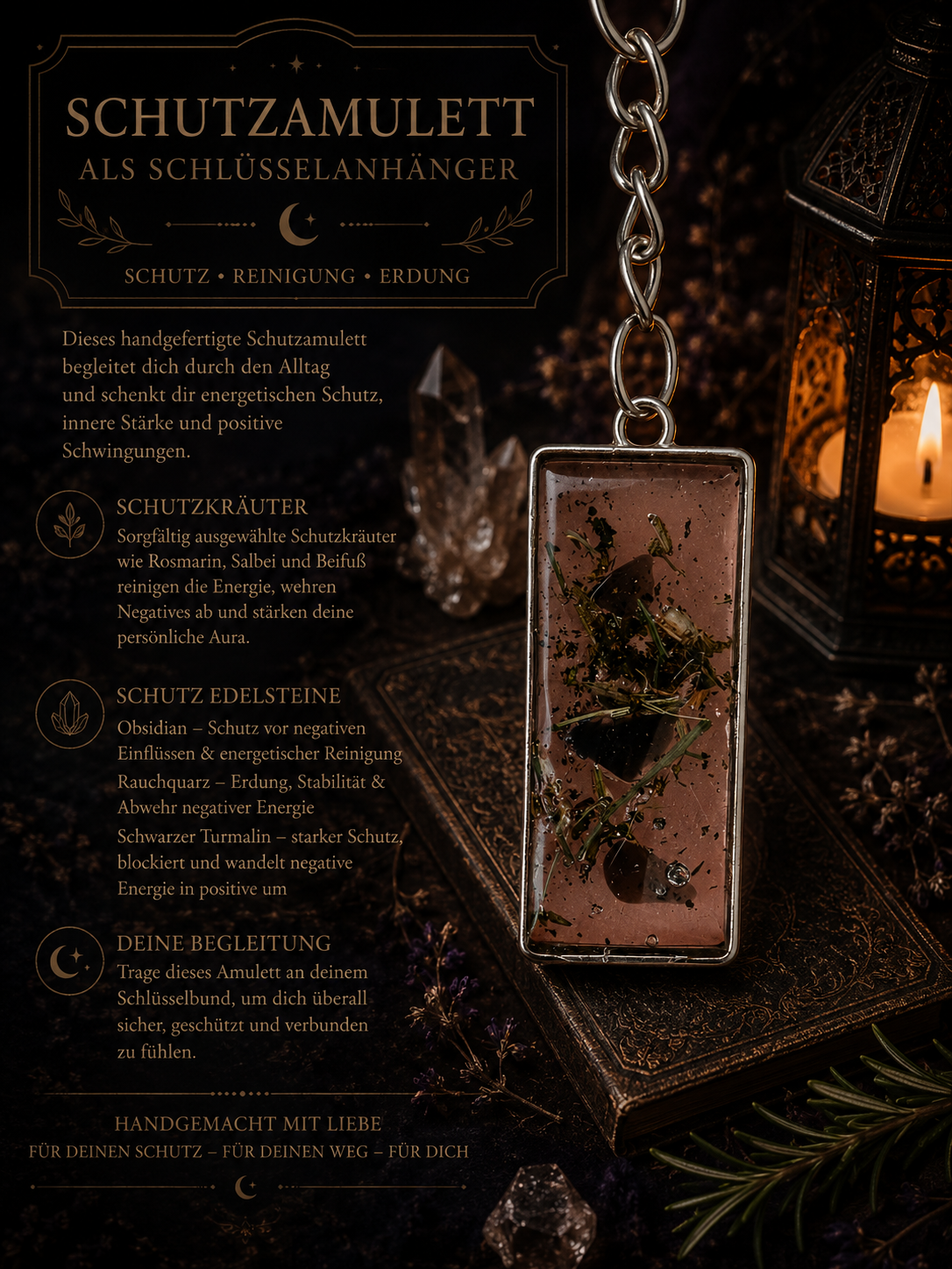 Schutzamulett mit Schwarzem Turmalin, Obsidian, Rauchquarz & Schutzkräutern – Handgemacht |  Schlüsselanhänger | Arcana Spiritualität