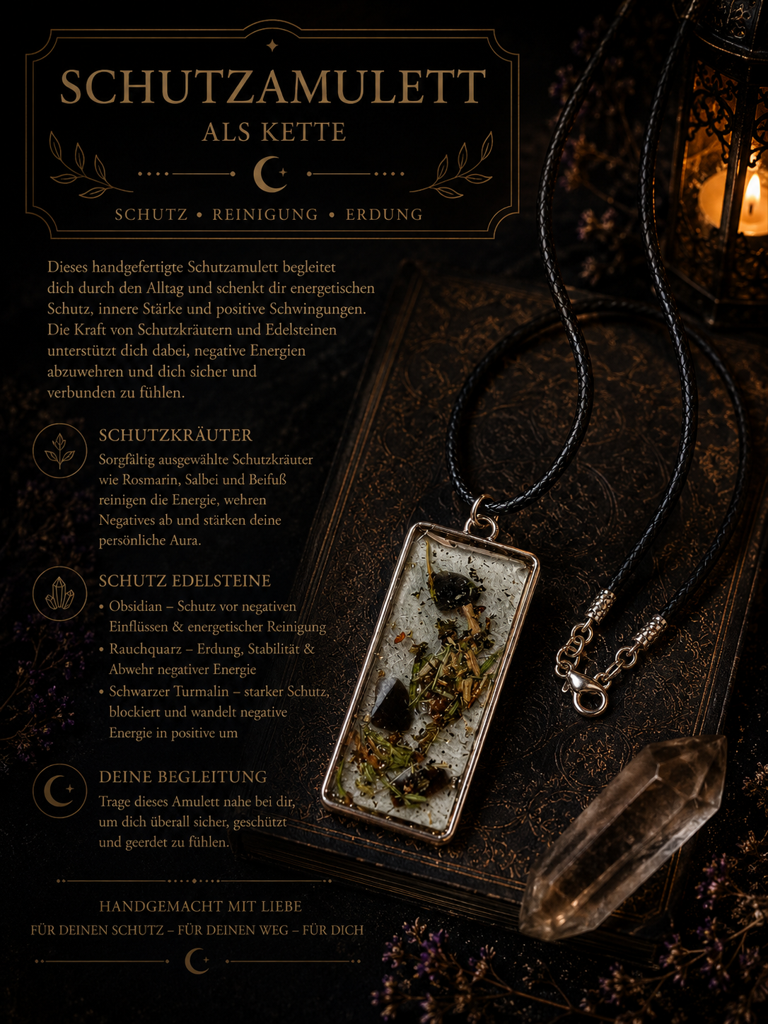 Schutzamulett mit Schwarzem Turmalin, Obsidian, Rauchquarz & Schutzkräutern – Handgemacht | Kette | Arcana Spiritualität