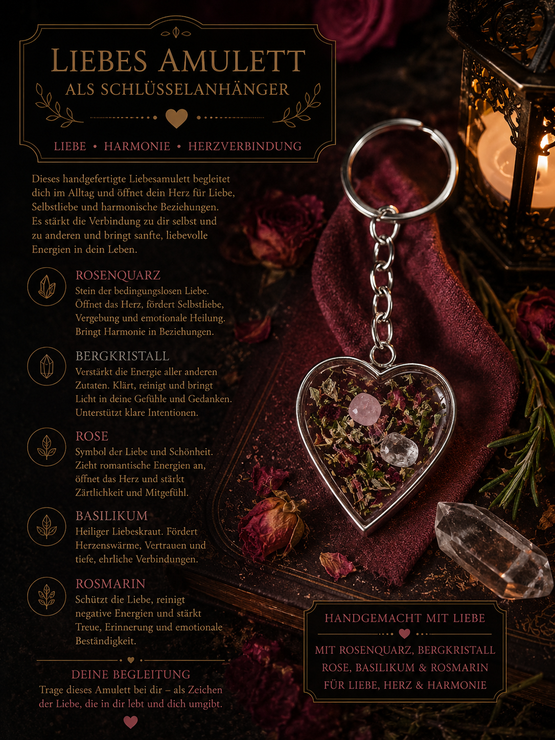 Liebesamulett mit Rosenquarz, Bergkristall, Rose & Rosmarin – Handgemacht | Schlüsselanhänger | Arcana Spiritualität