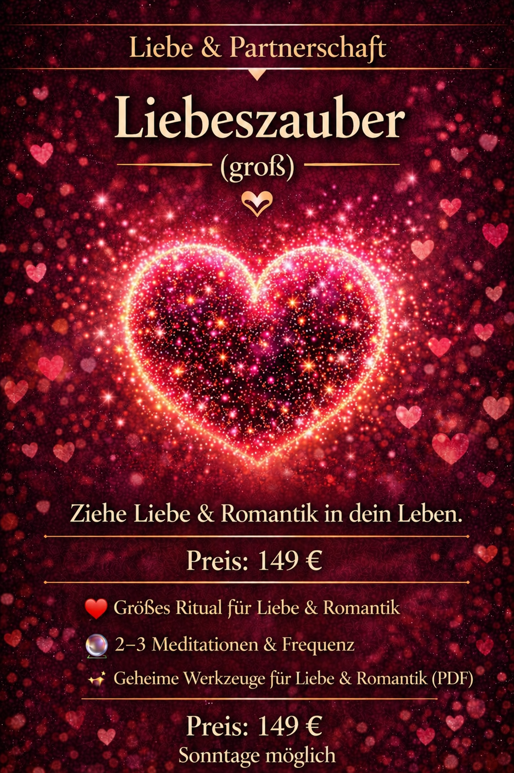 Werbeanzeige für ein Liebesritual-Set mit einem leuchtenden Herz, pinkem Hintergrund und romantischen Elementen.