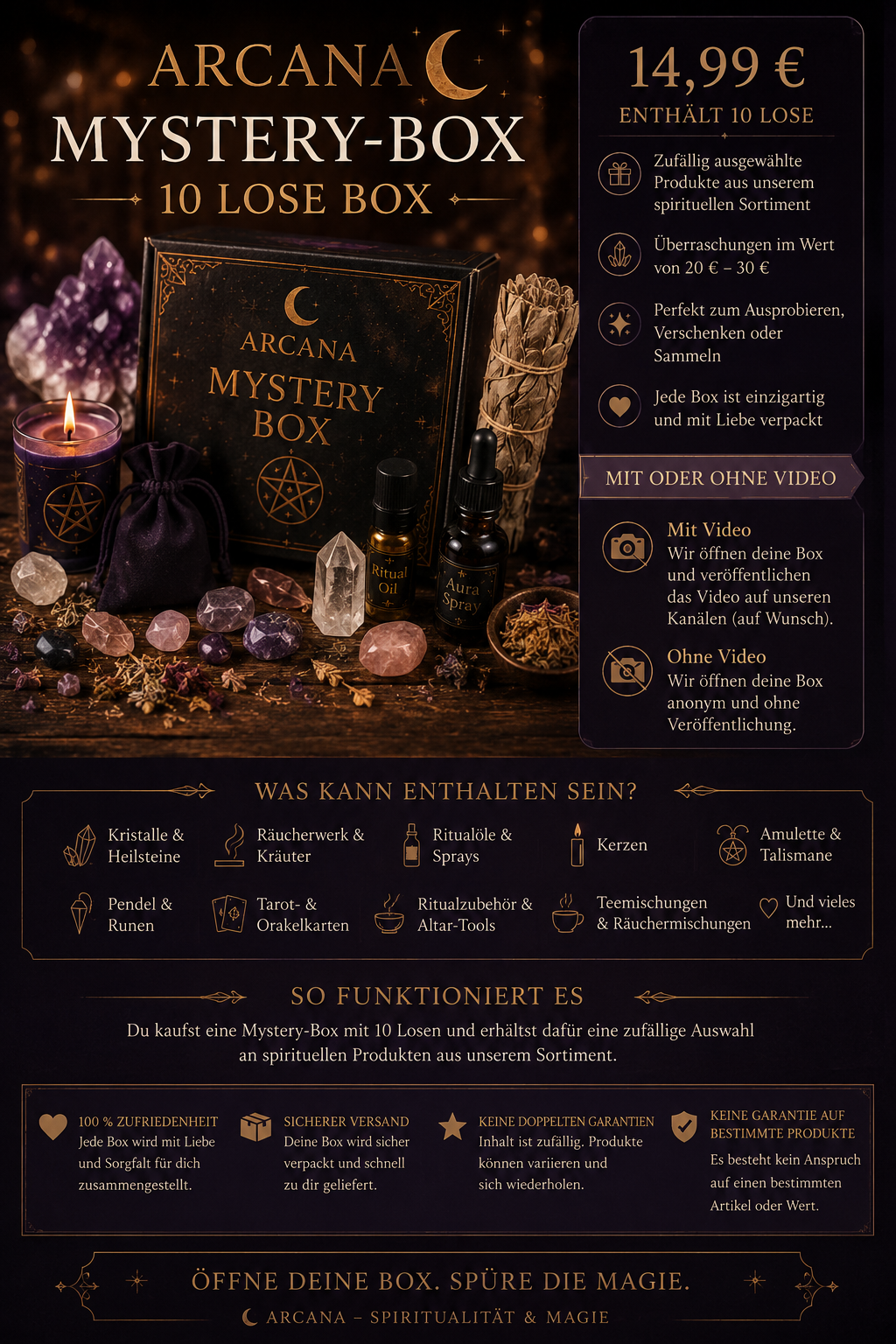 Arcana Mystery-Box – 10 Lose | Spirituelle Überraschungsbox mit Kristallen & Ritualzubehör