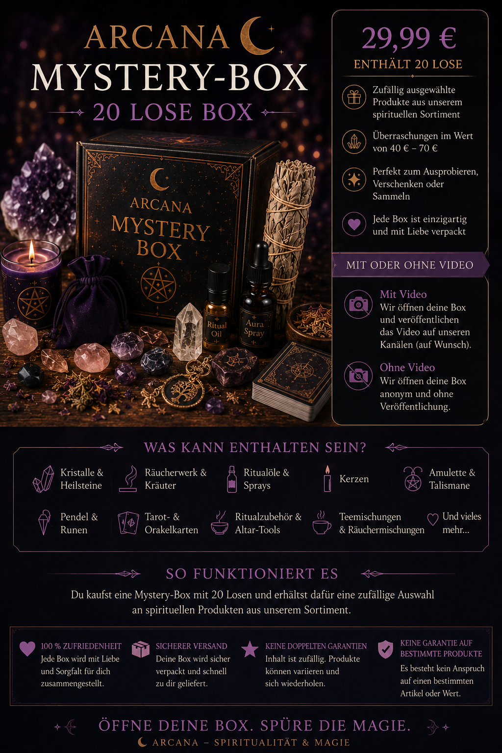 Arcana Mystery-Box 20 Lose – Spirituelle Überraschungsbox mit Ritualzubehör, Kristallen & magischen Produkten