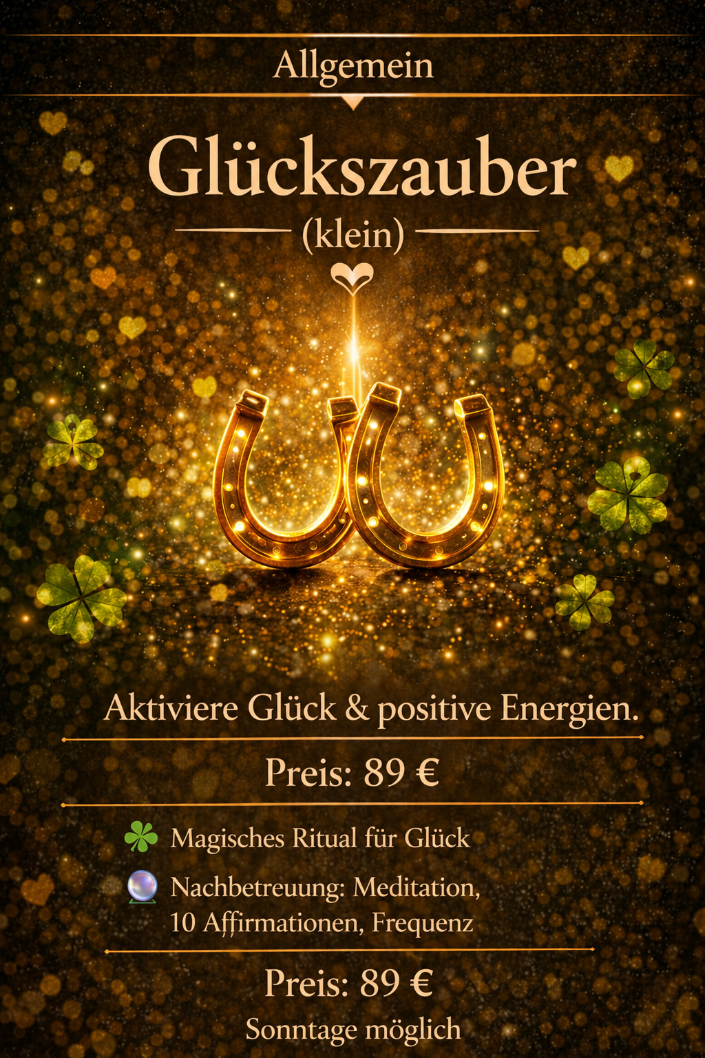 Ein Werbebild für einen Glückszauber, der einen goldenen Hufeisen und vierblättrige Kleeblätter zeigt, mit funkelndem Hintergrund und Text über Preis, Ritual und Nachbetreuung.