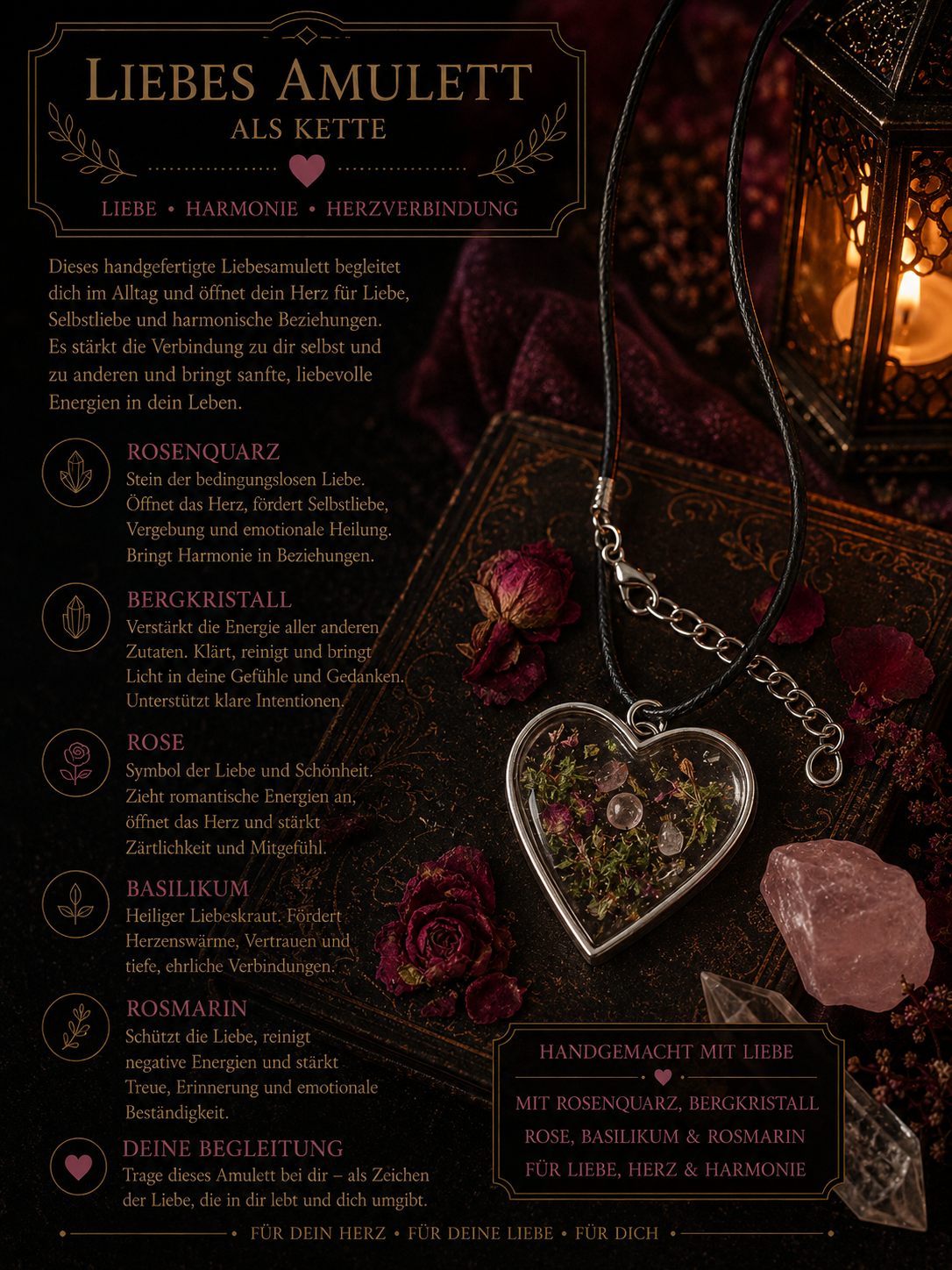 Liebesamulett mit Rosenquarz, Bergkristall, Rose & Rosmarin – Handgemacht | Kette  | Arcana Spiritualität
