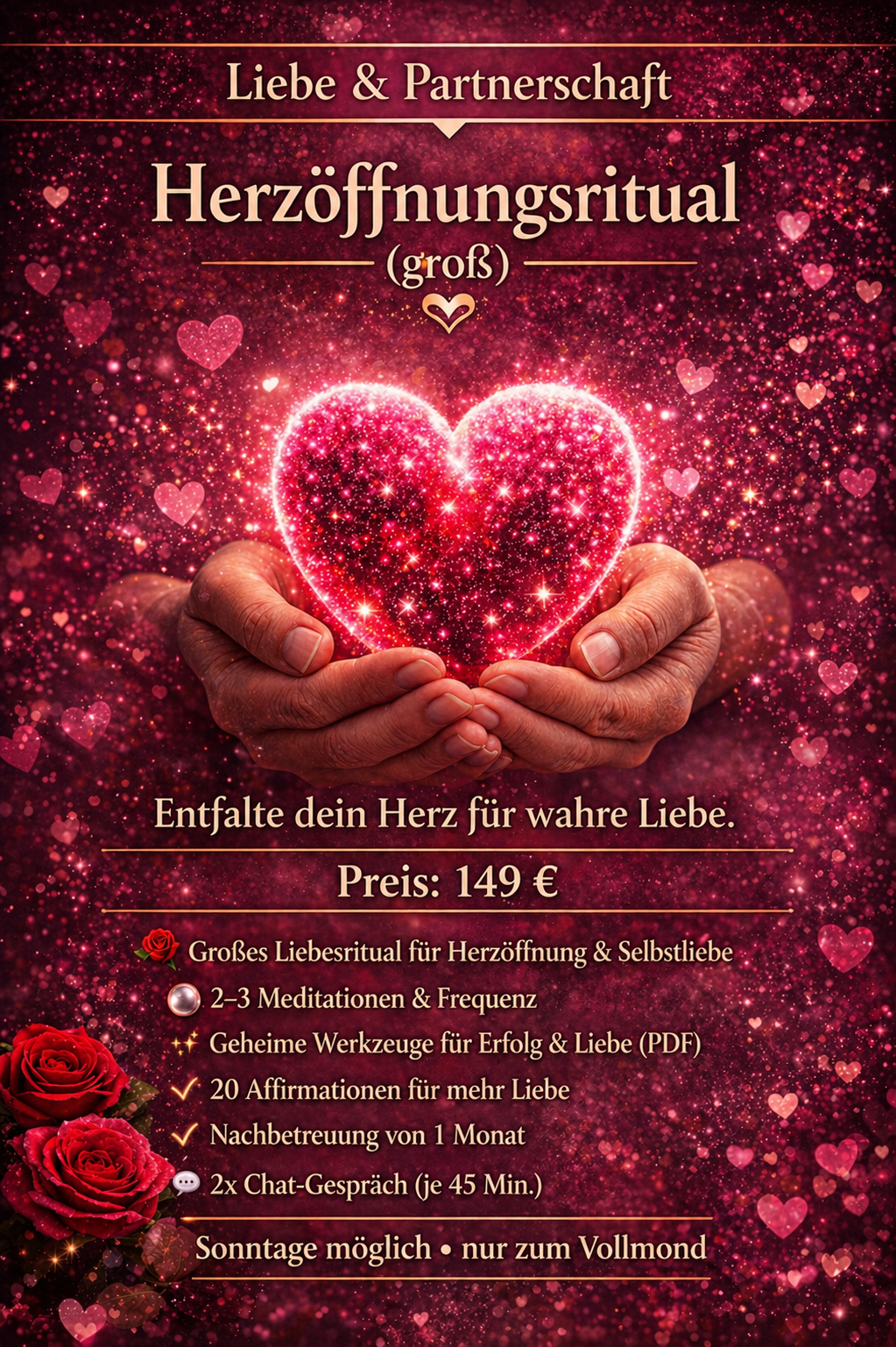 Ein Plakat für ein Herzöffnungsritual mit wunderschönen pinken Herz- und Glitzereffekten, einer Hand, die ein leuchtendes Herz hält, und Rosen, mit Text in deutscher Sprache, der die Details des Rituals beschreibt.