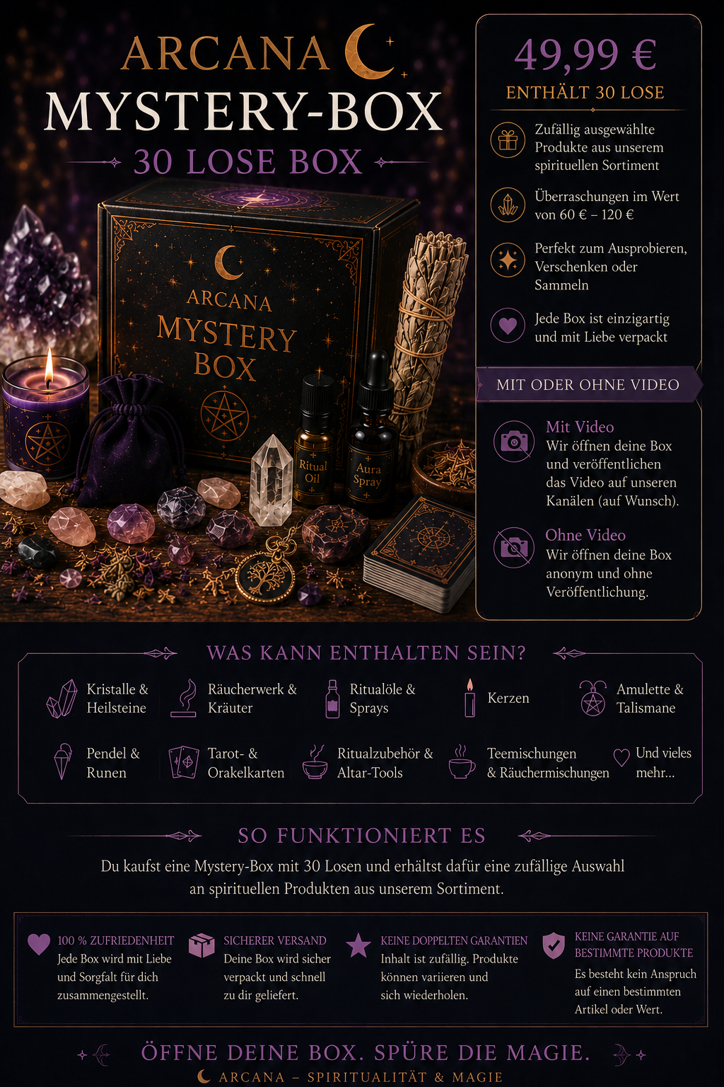 Arcana Mystery-Box 30 Lose – Große spirituelle Überraschungsbox mit Ritualzubehör, Kristallen & magischen Produkten