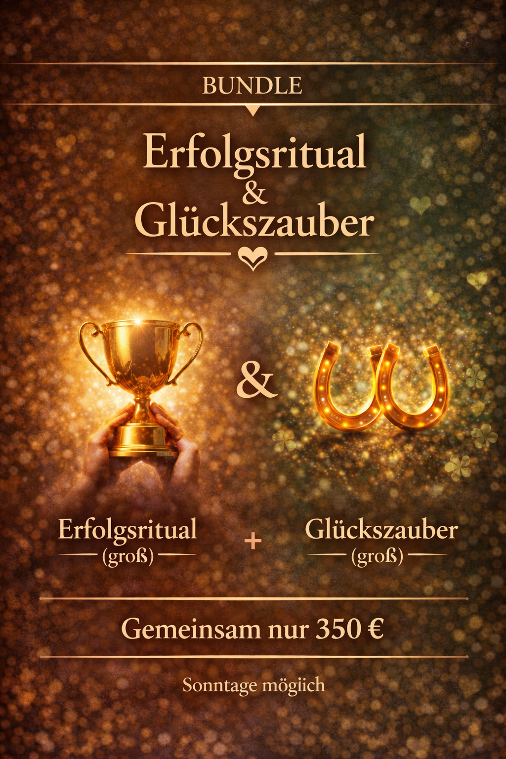Werbetafel für ein Erfolgsritual und Glückszauber, inklusive Goldtrophäe und leuchtende Lichter, mit Angeboten für Sonntag.