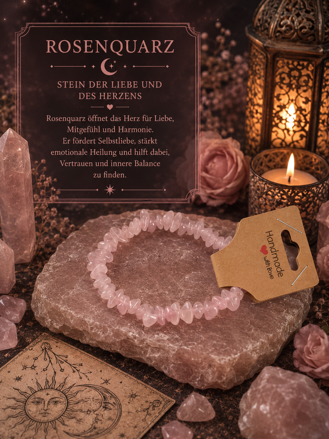 Rosenquarz Splitterarmband – Handgefertigtes Edelsteinarmband | Echter Rosenquarz | Liebe & Herzenergie | Arcana Spiritualität