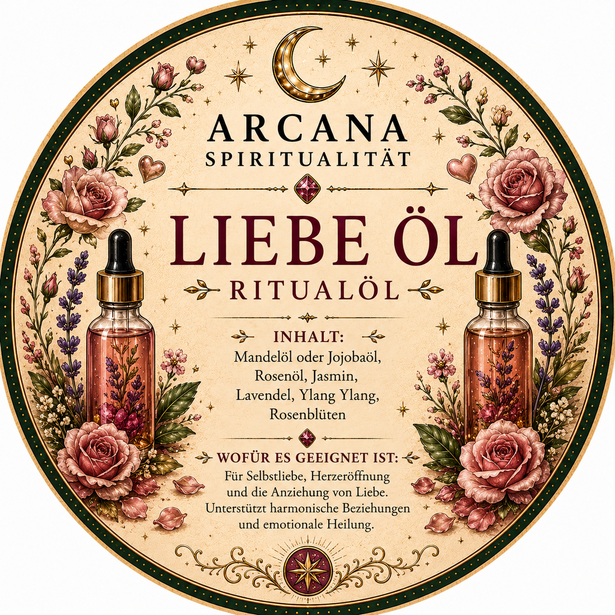 Liebes Ritualöl 10 ml – Herzöffnung & Selbstliebe | Ritualöl mit Kristallenergie | Vollmond aufgeladen