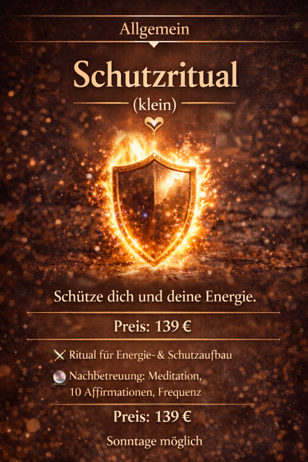 Werbeplakat für ein kleines Schutzritual mit einem goldenen Schild, Flammen und funkelnden Partikeln, das die Energien schützen soll, mit Preisangaben und Beschreibung des Rituals, inklusive Meditation und Affirmationen.