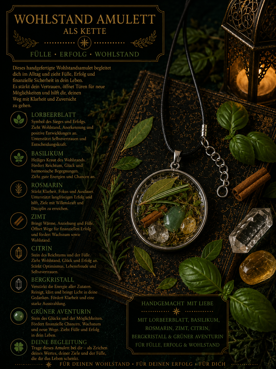 Wohlstandsamulett mit Citrin, Bergkristall, Grünem Aventurin & Wohlstandskräutern – Handgemacht | Kette  | Arcana Spiritualität