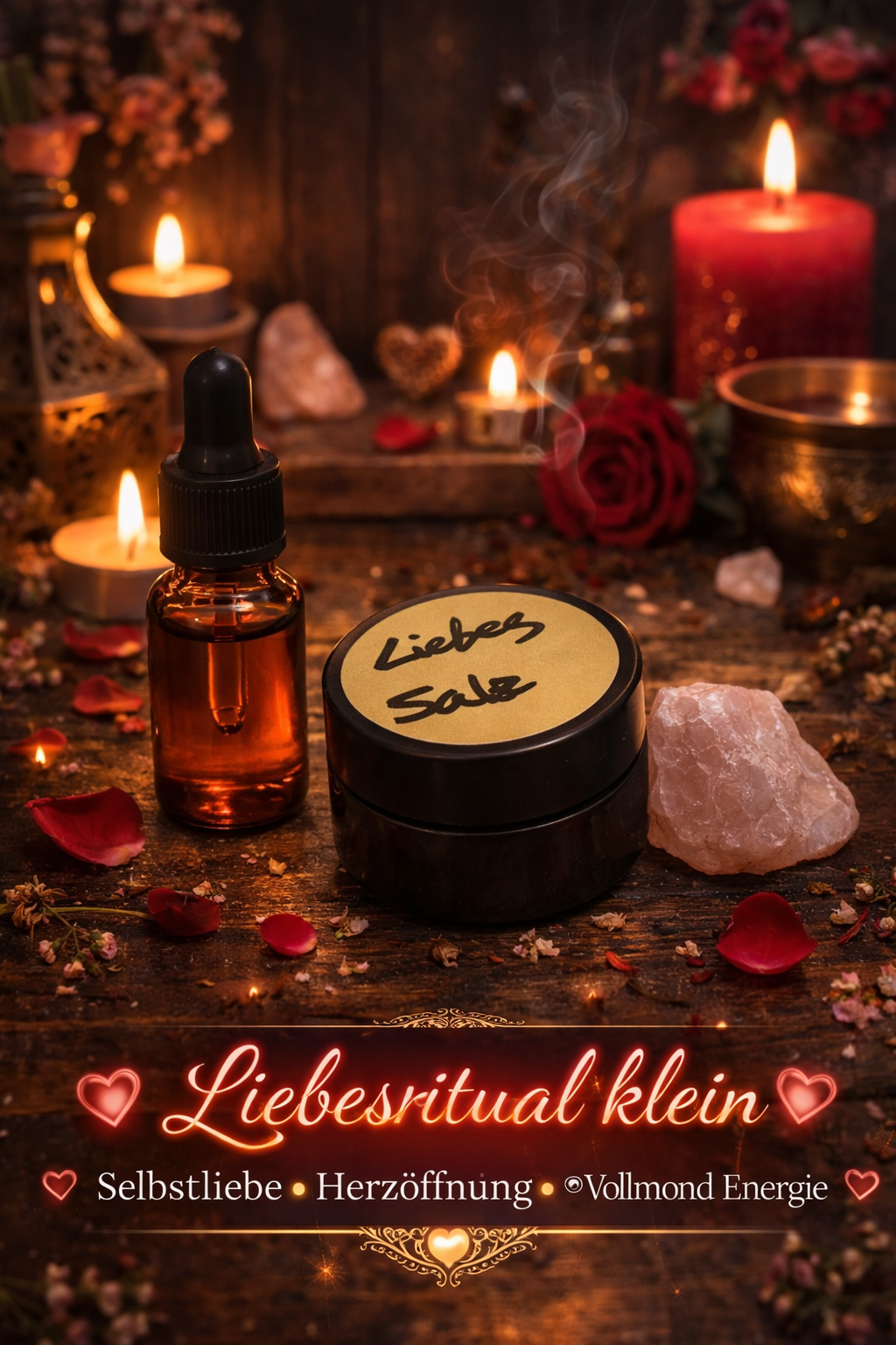Liebe & Herzöffnung Mini Ritualbox – Selbstliebe Ritual Set mit Rosenquarz, Liebesöl, Ritualsalz & Herzenergie