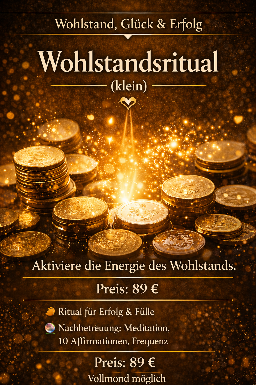 Werbetafel für ein Wohlstand Ritual mit goldenen Münzen und funkelnden Lichtern, Text zum Preis und zur Aktivierung der Energie des Wohlstands.