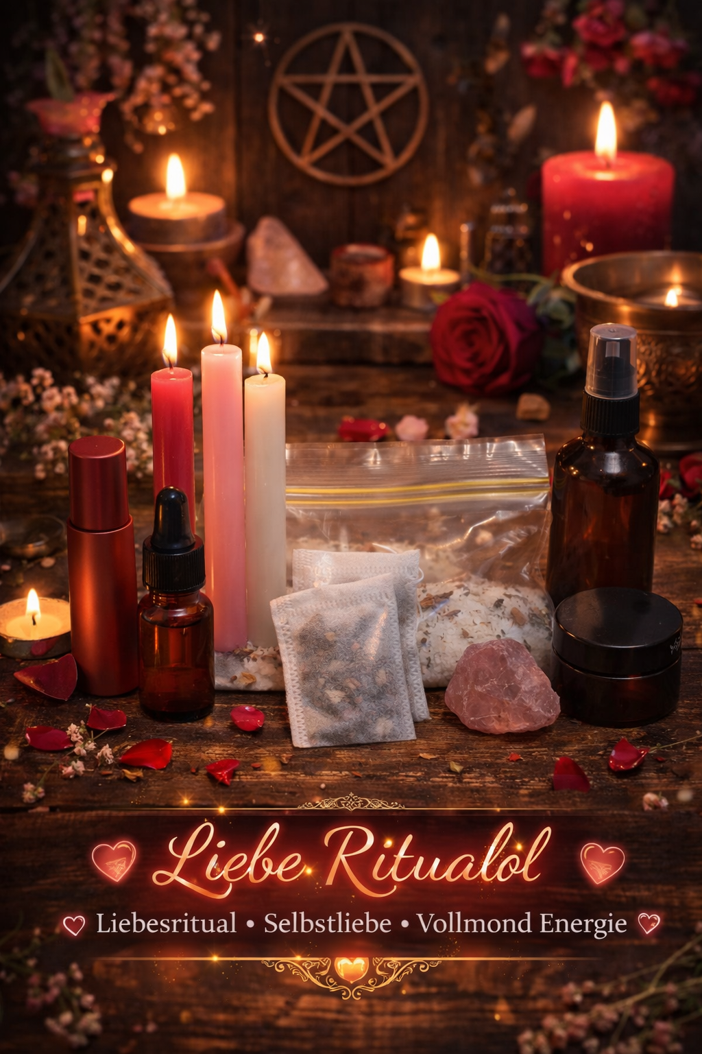 Liebe & Herzöffnung Ritualbox – Vollmond Ritual Set mit Rosenquarz, Ritualkerzen, Aura Spray, Liebesöl, Räucherung & Ritualsalz
