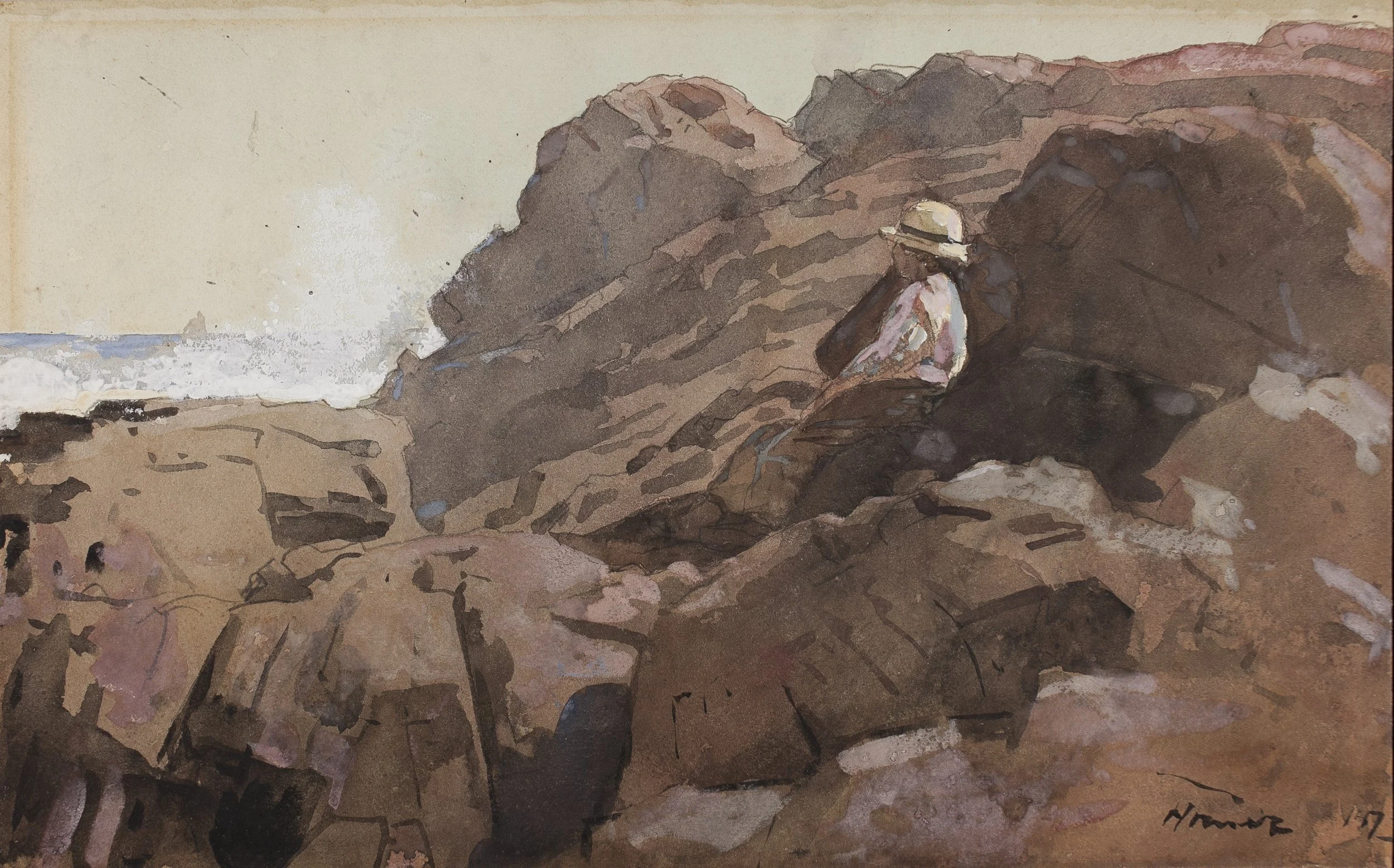 The full-body profile of a young boy seated on a large rocky cliff staring out at the sea as waves cast sea spray into the air in the painting’s top left.