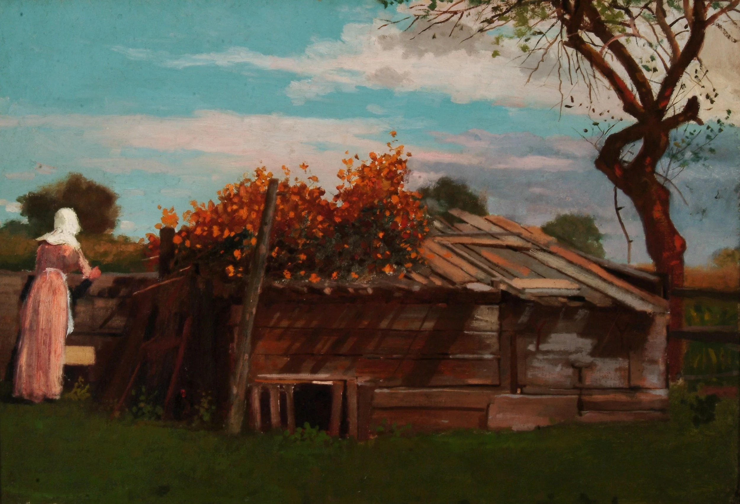 Oil painting of a field with a shack or outbuilding against a fence. A woman in a pink dress with a white bonnet looks over the fence. Her back is turned to the viewer. A spray of fall leaves drapes the shack. 