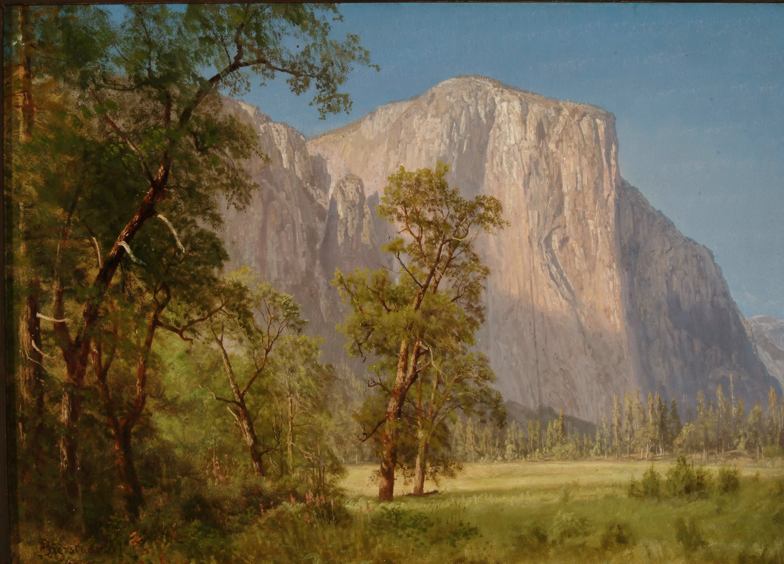 Oil painting of the landscape surrounding El Capitan mountain in Yosemite National Park. A large stone mountain rises out of the background. To the left and right of the painting are trees, in the center a field. 