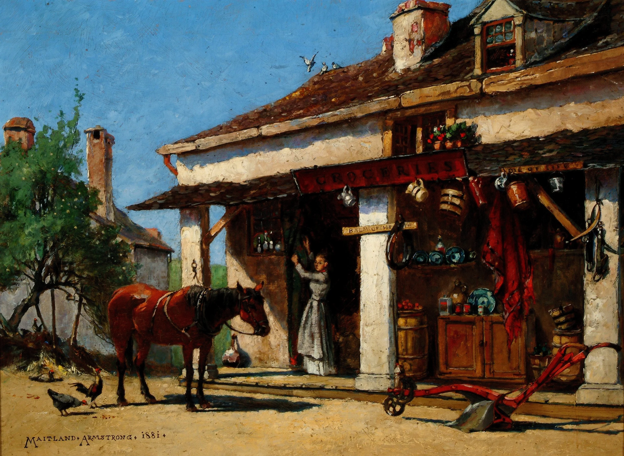 oil painting of a small general store. There is a horse in front with a woman in a door way with her hands up as if hanging something. There are goods and wares outside of the store on the porch
