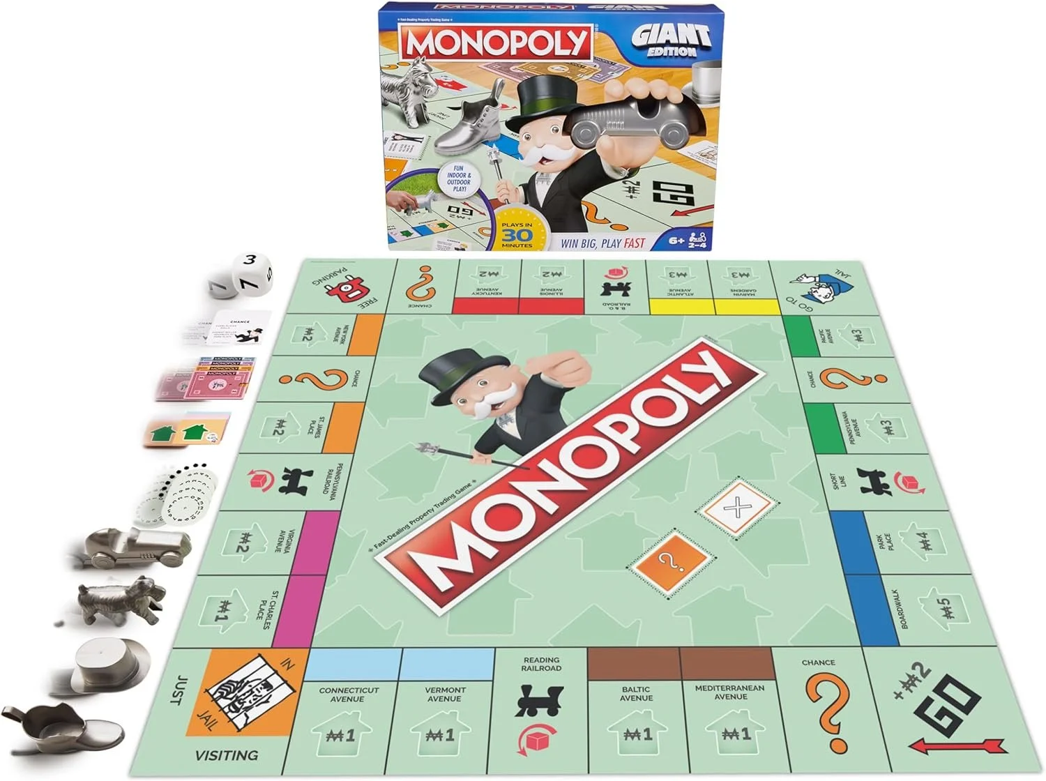 This is a photo of the Spin Master Giant Monopoly set. The game board is laid out with all of the included pieces.