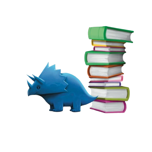 An image of one of the hidden Digby across the site. Digby is a small blue triceratops with a multi coloured book stack behind him.