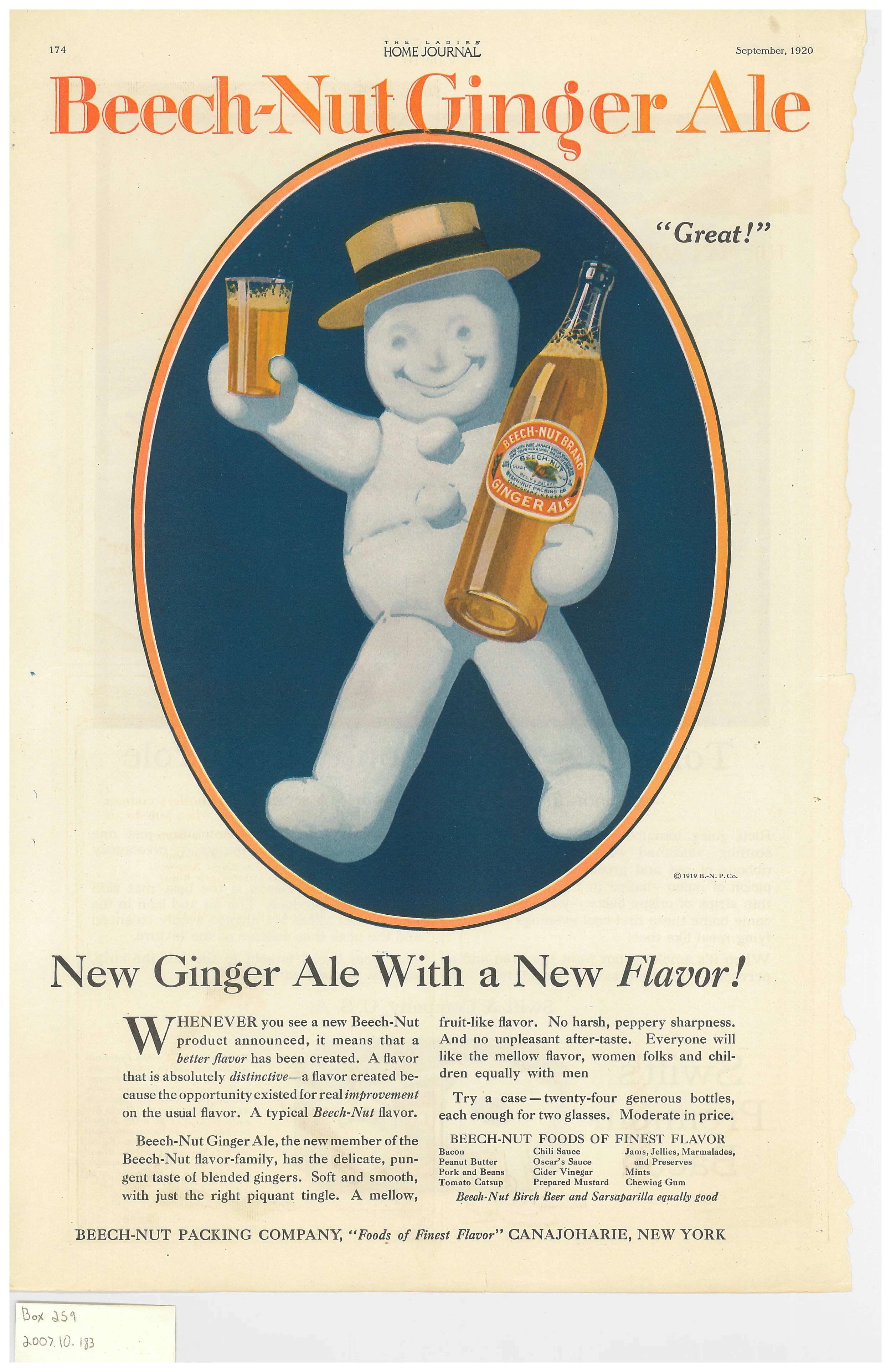 Advertisement with a large white puffy character wearing a hat and holding a glass and bottle of ginger ale. There is writing below the graphic that describes ginger ale in flowery terms.