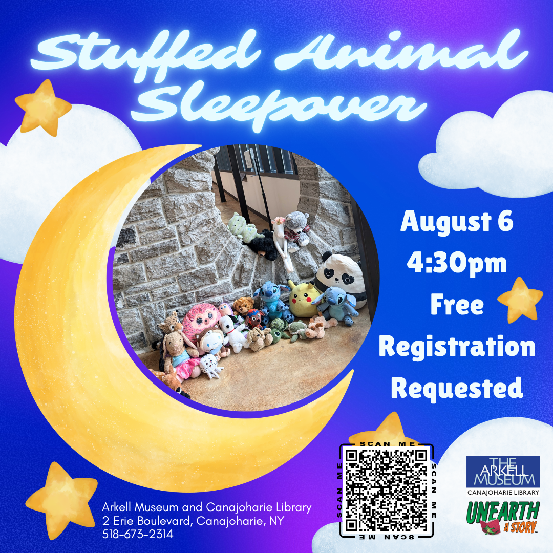 A graphic for the Stuffed Animal Sleepover on July 31 at 4:30 pm.