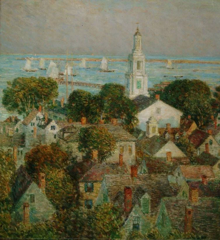 Impressionist style oil painting. The scene is taken in from above. There are the roofs of houses, out beyond the houses is the spire of a white church then water with sail boats on it. 