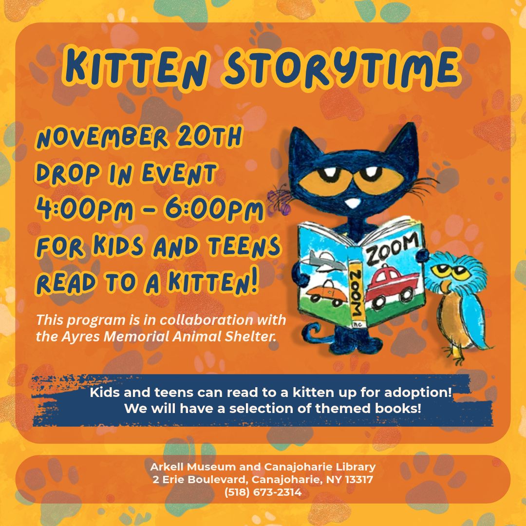 A graphic for "Kitten Storytime." It features Pete the Cat reading a book with a small bird next to him. The background is a painterly style mustard yellow with painted pawprint patterns overlayed.