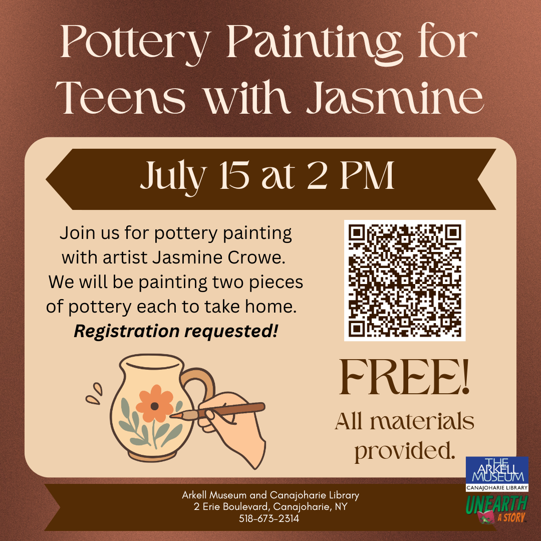 A graphic for "Teen Pottery Painting with Jasmine Crowe." The program is on July 15 at 2pm. It is about teens painting pottery pieces to take home.