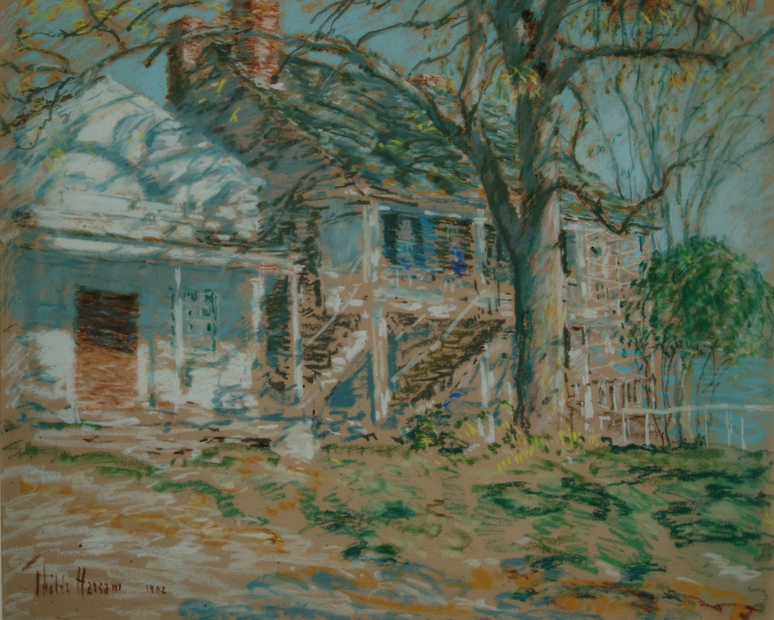 Pastel painting of a white house with large porch. In front is a large tree. The painting is in the impressionist style with lots of movement and brush strokes.