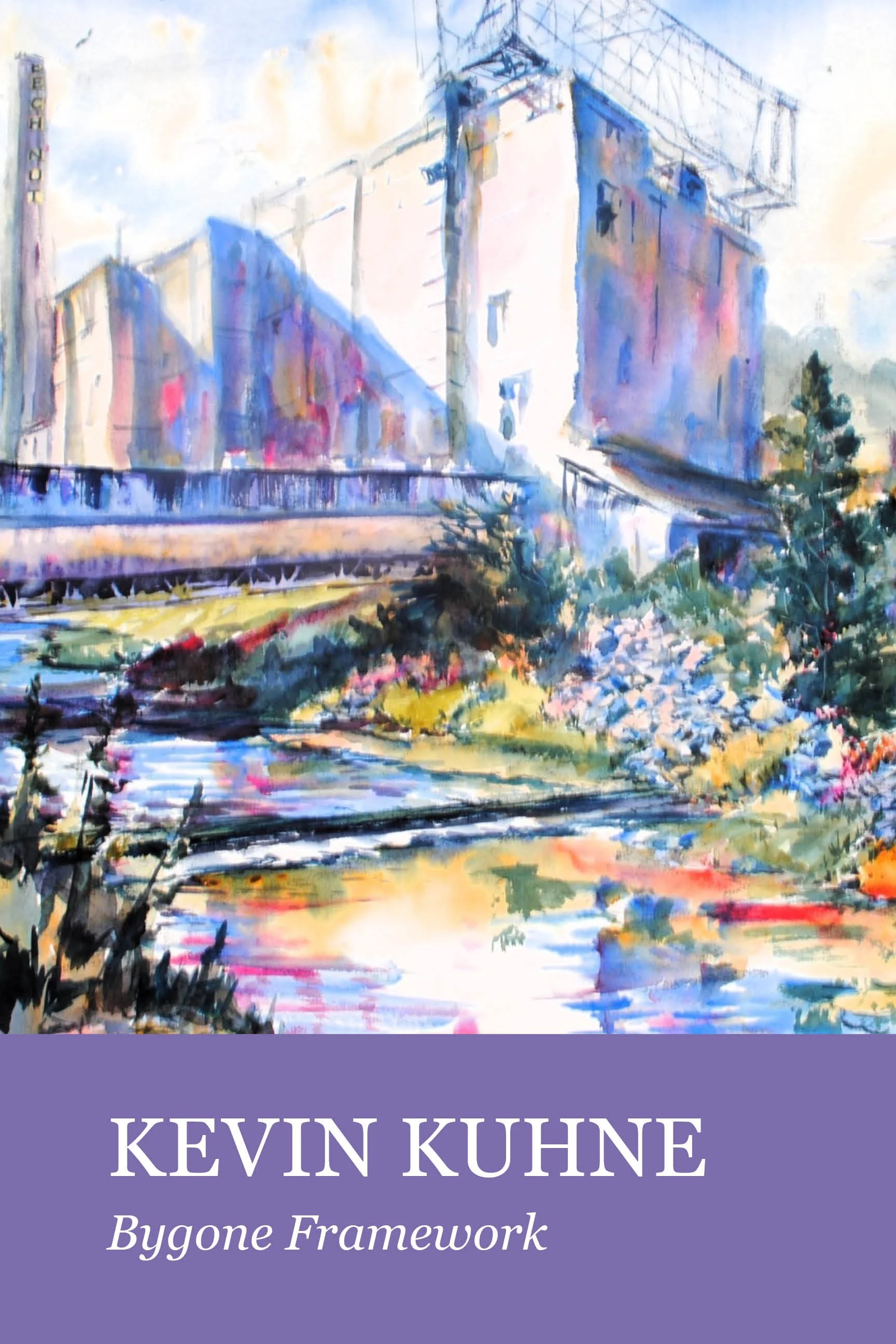 Kevin Kuhne - Bygone Framework. This is an image of Kevin's watercolor piece titled "Beechnut Factory". It is a watercolor image of the former Beechnut Factory located in Canajoharie NY with light rainbow watercolors over the sketch.
