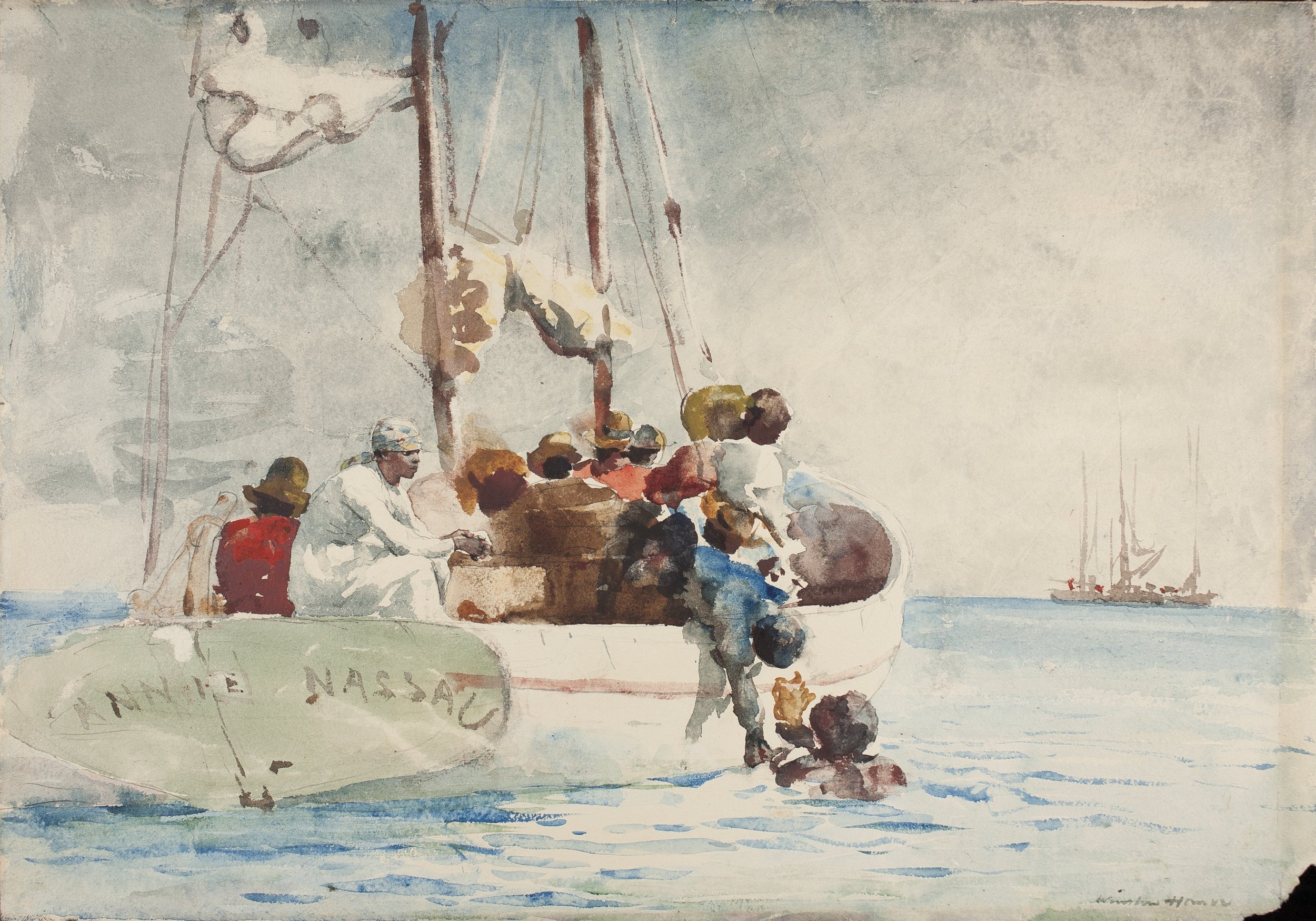 Watercolor painting of people in a boat on blue water. one man leans out from the boat retrieving a conch shell from a man in the water.