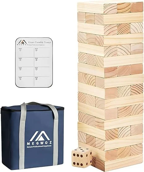 This is an image of the giant tumble tower available in our library of things. It is a large pillar of wood blocks - similar to "Jenga" and includes a wooden dice block.