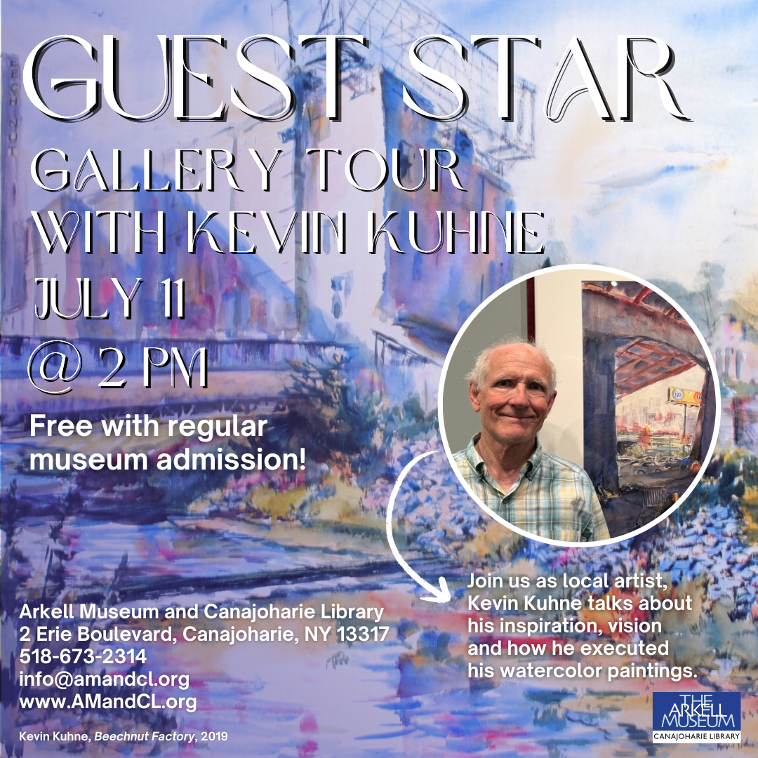 This is a promotional image for our Guest Star Gallery tour with artist Kevin Kune. It features his watercolor painting "Beech-nut Factory"  in the background and an image of Kevin in front of the program details.