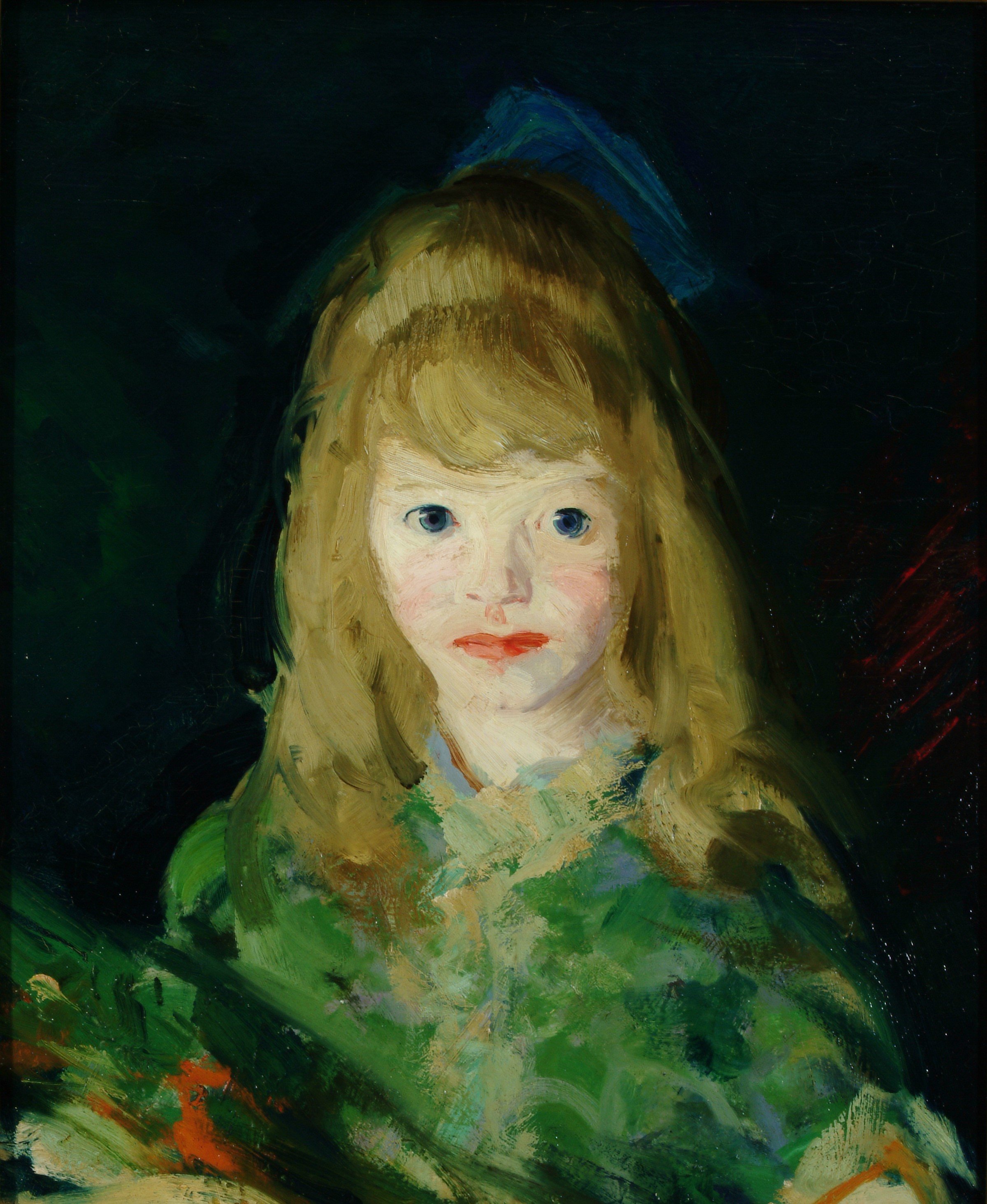 Portrait from the shoulders up of a young girl with pale white skin, blonde hair, blue eyes, and red lips. She looks at the viewer. She wears a green dress. With a blue bow in her hair.