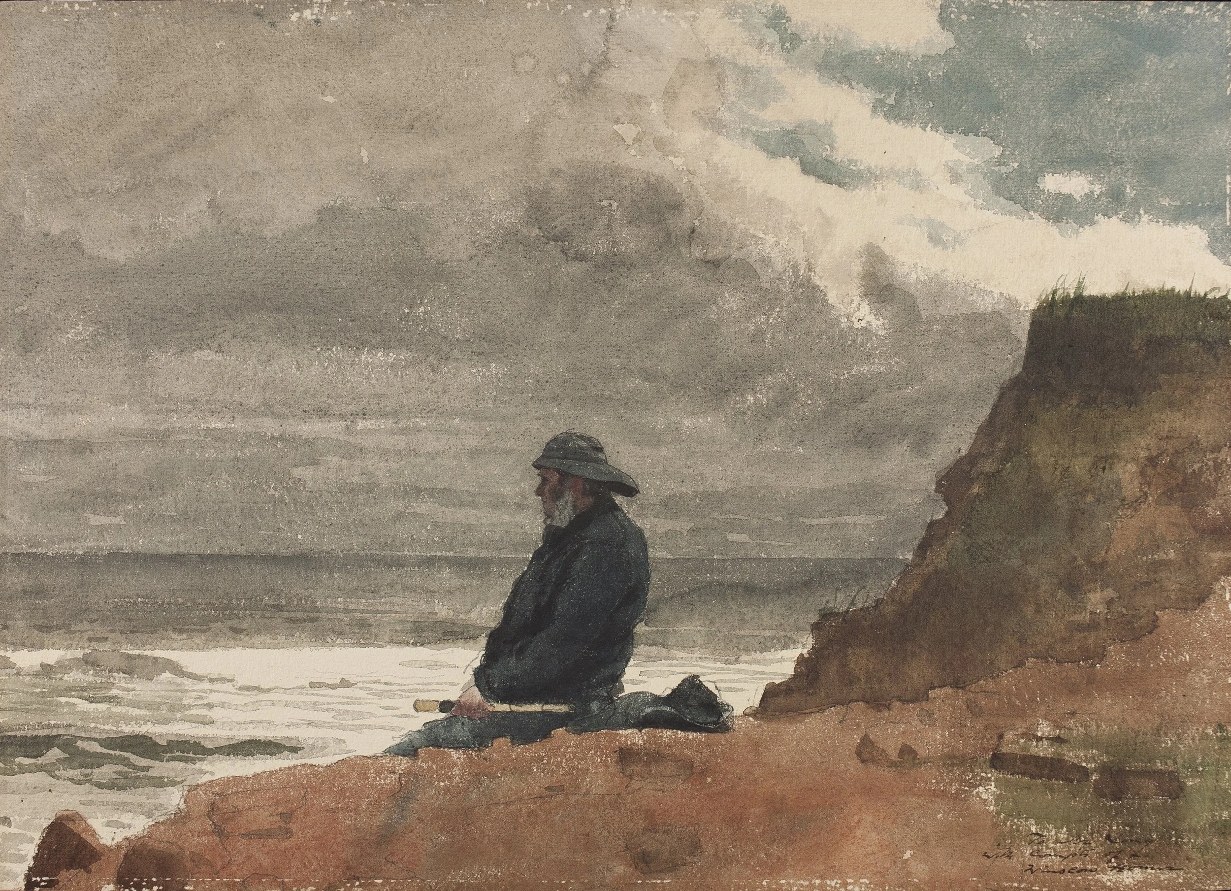 A cloudy grey scene with a full body profile of a sailor seated on the edge of a cliff with his hands in his lap grasping a telescope and gazing out at the sea.
