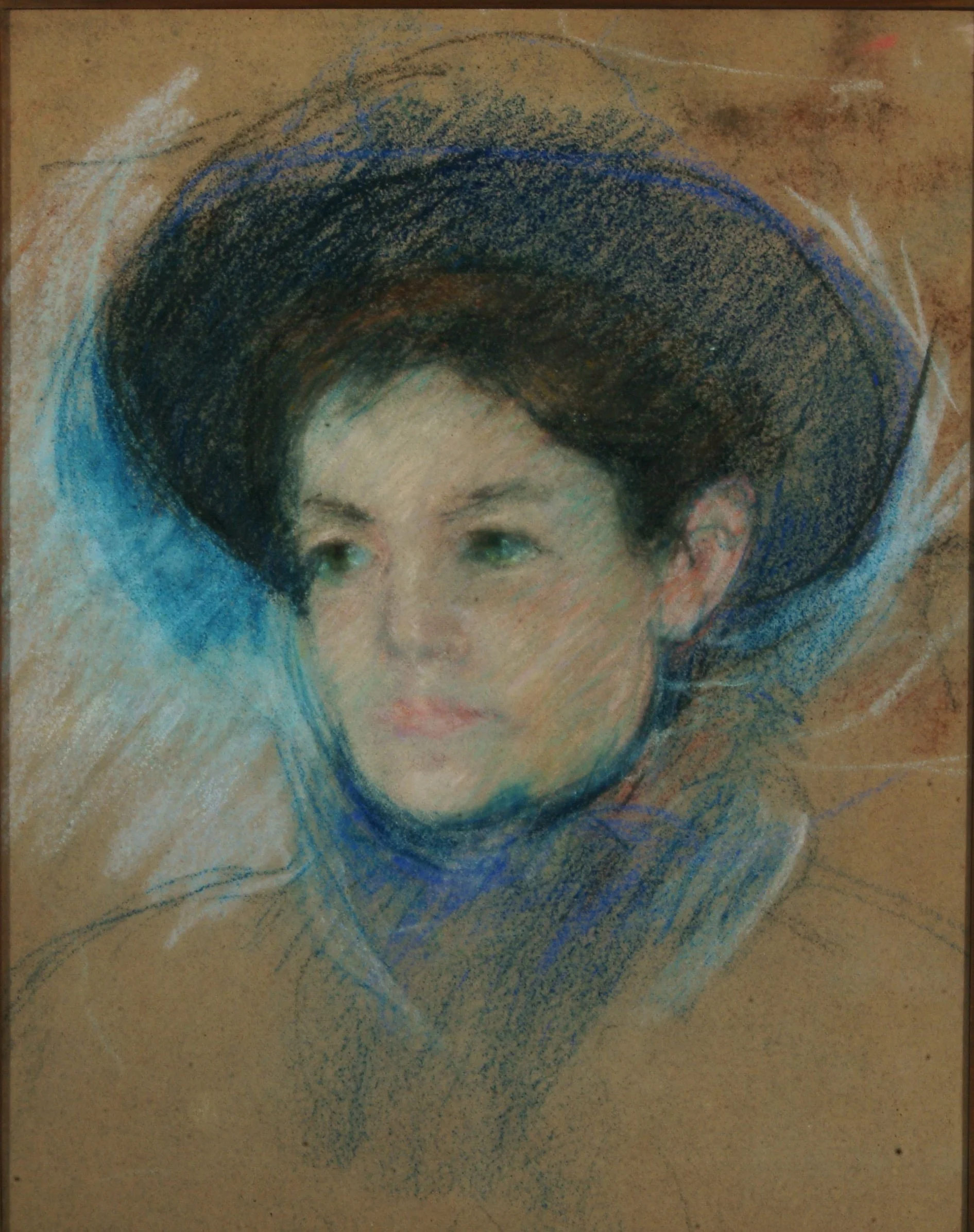 Portrait of a woman from the neck up. She wears a large blue hat with a wide brim. She has brown hair and pink lips. The pastel gives the piece a hand drawn quickly finished air. 