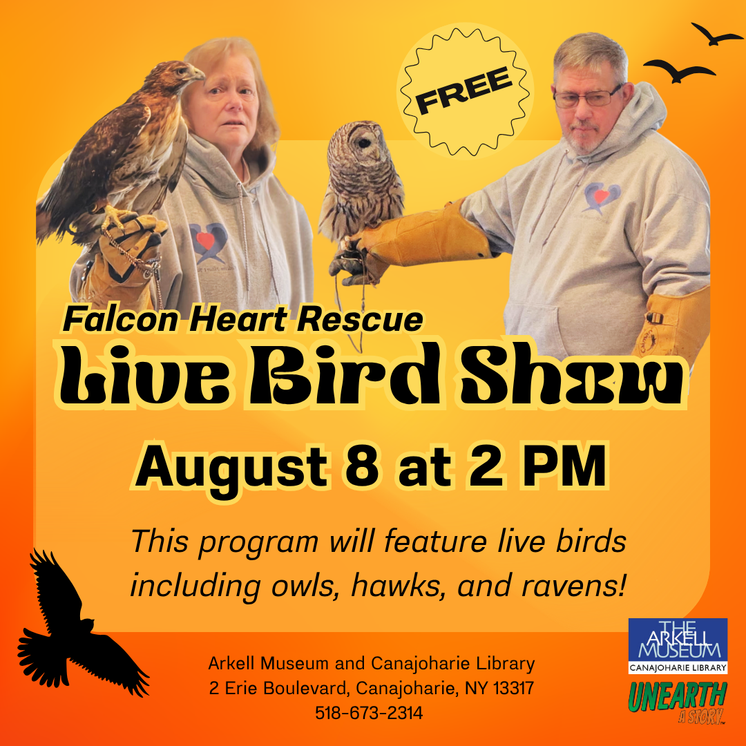 This is a promotional graphic for the "Falcon Heart Rescue Live Bird Show." It features photography from a previous year's event, with a man and a woman holding an owl and a hawk, respectively. There are silhouette birds in the corners of the graphic
