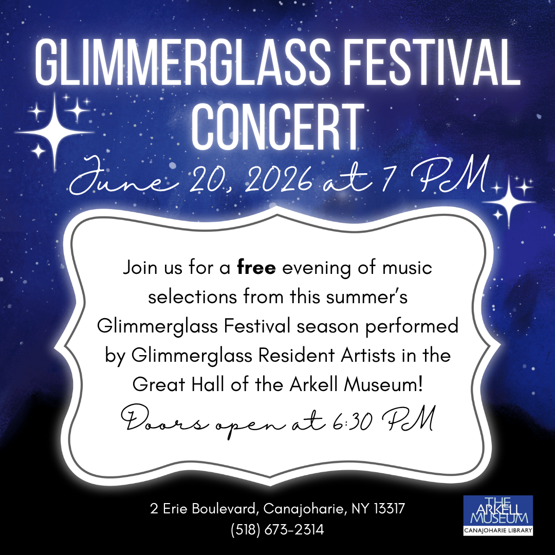 This is a promotional image for our Glimmerglass Festival Concert. It has the event details on a white placard, a dark blue galaxy background, and small white stars throughout the image.