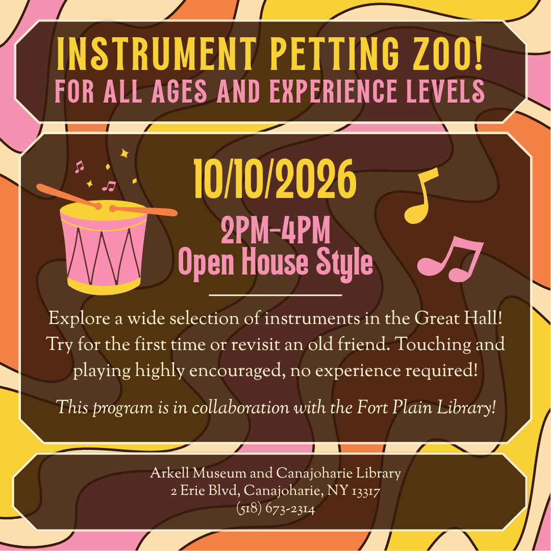A graphic for "All Age Instrument Petting Zoo." The background is a 70s groovy pattern, with 70s styled heading text. The graphic features an illustrated drum and music notes. The overall graphic is themed yellow, orange, pink, and brown.