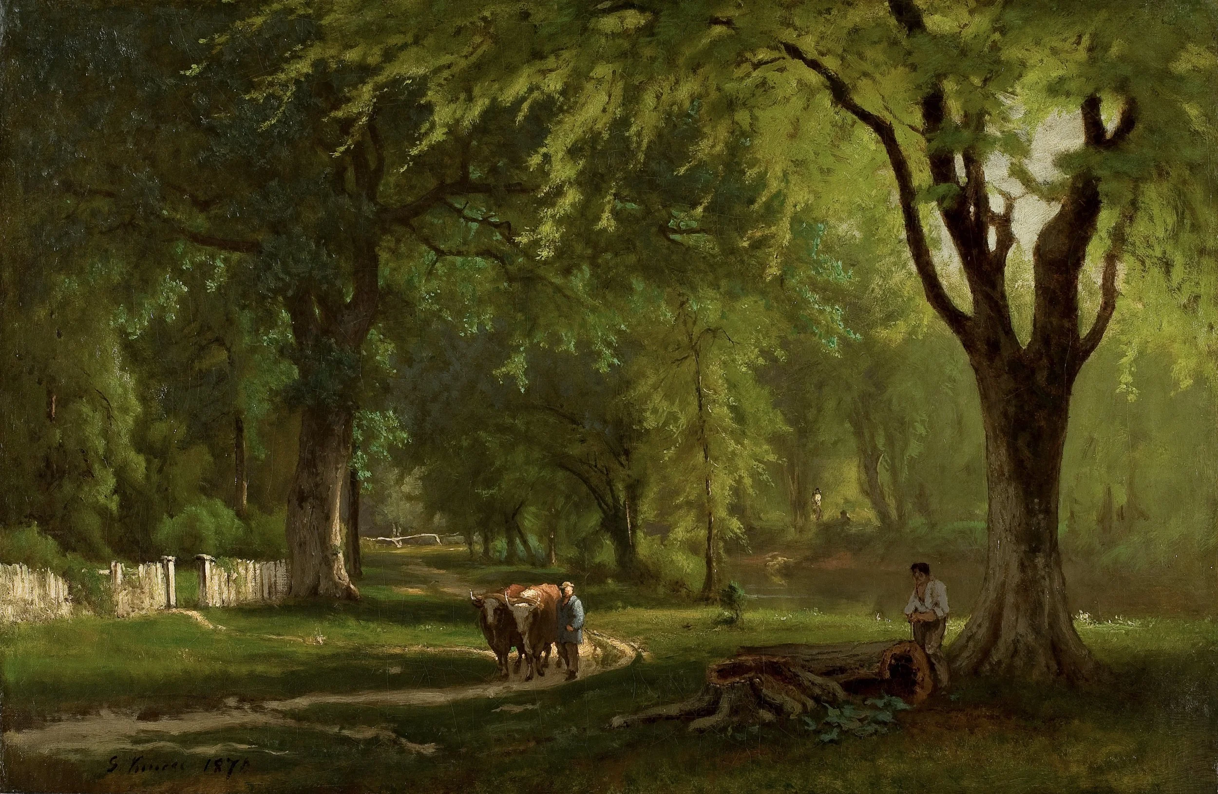 Oil painting of a forest path. On the path is a drover with two oxen. Light shines down upon then from between the trees. There is a man standing on the right side of the painting under a tree. There is a fence off to the left side. The trees are lar