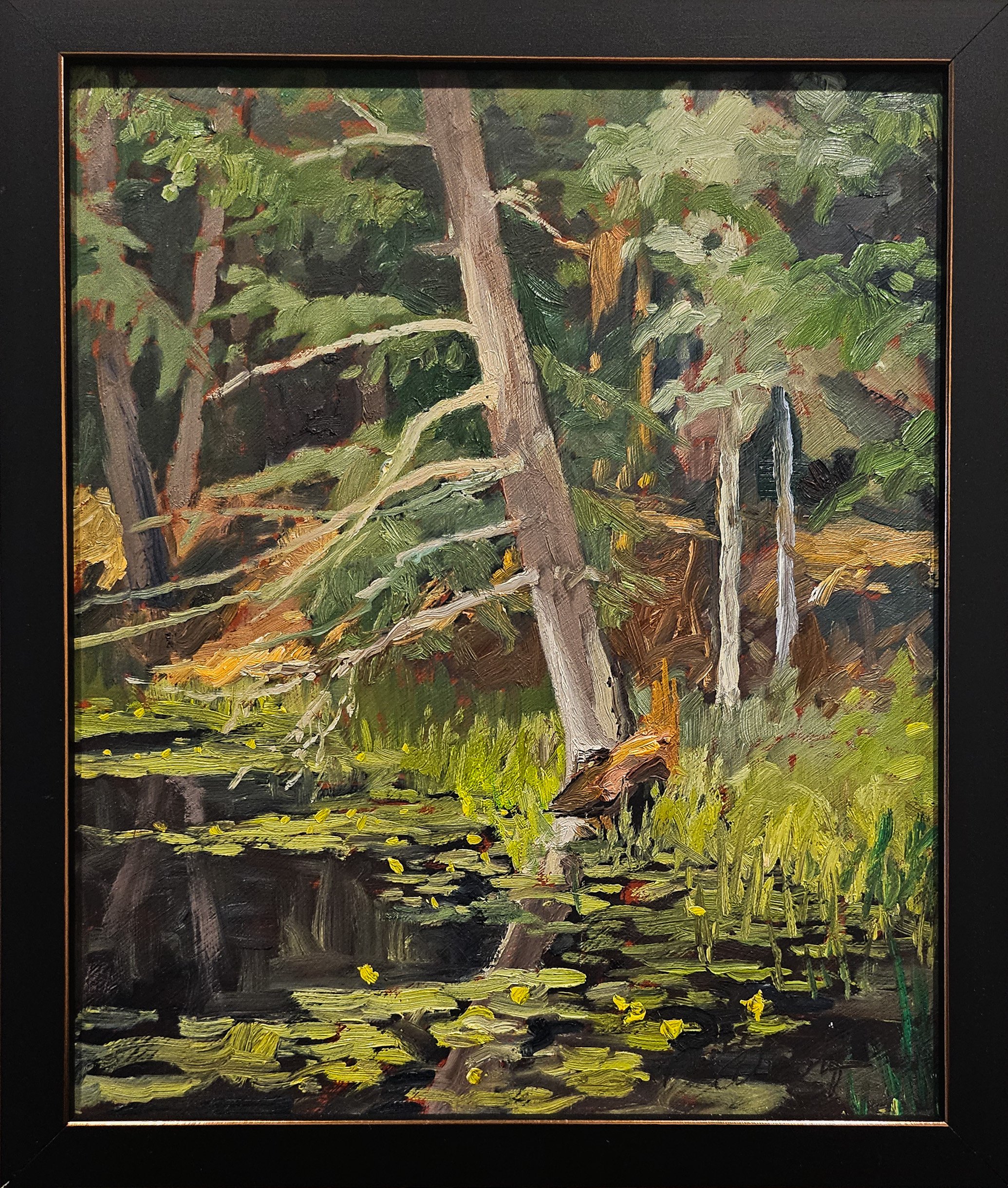 An oil painting that is the second in a series depicting a dark, lush forest scene. It depicts a small creature at the edge of the river, with lilypads in the water.
