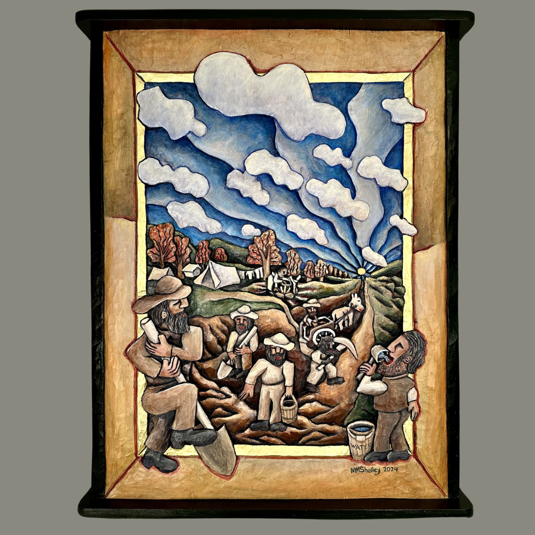 Wood engraving of men hand digging the Erie Canal. A amn stands to the left leaning on a shovel. A man to the right drinks from a bucket marked water. There is a long ditch where men work with hand tools. The ditch leads off into a sun set. 