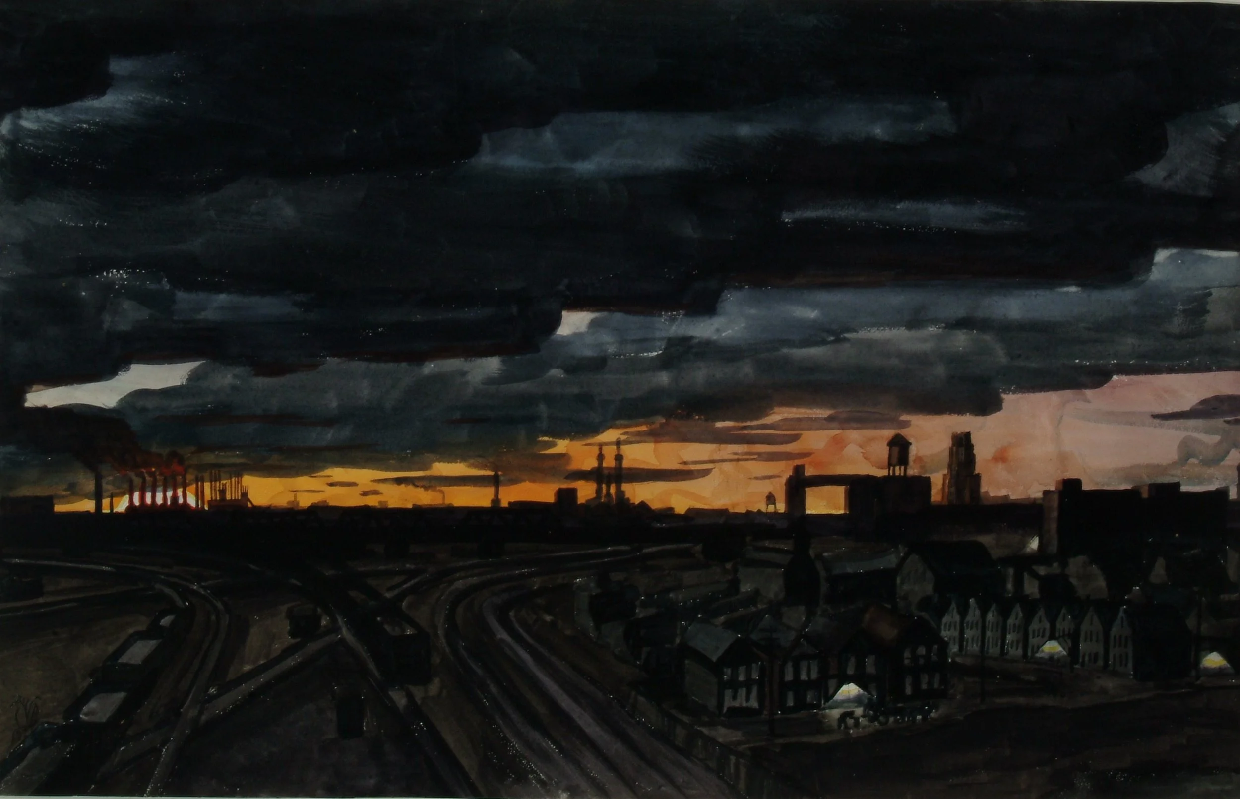 Dark moody watercolor painting of an industrial city at sunset