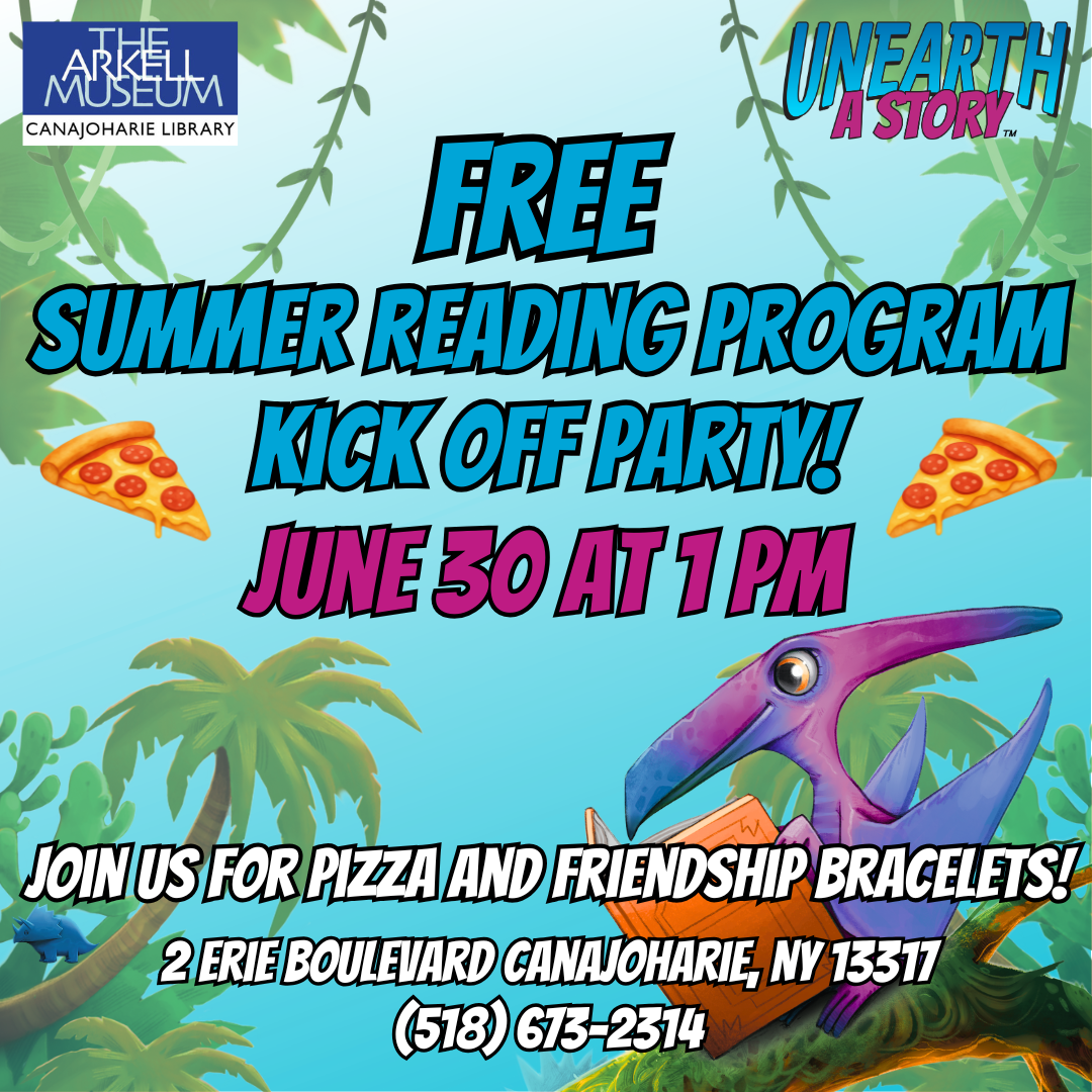 This is a promotional image for our Summer Reading Kick Off party. It features a jungle background, miscellanious dinosaurs, pizza slices and the event details.