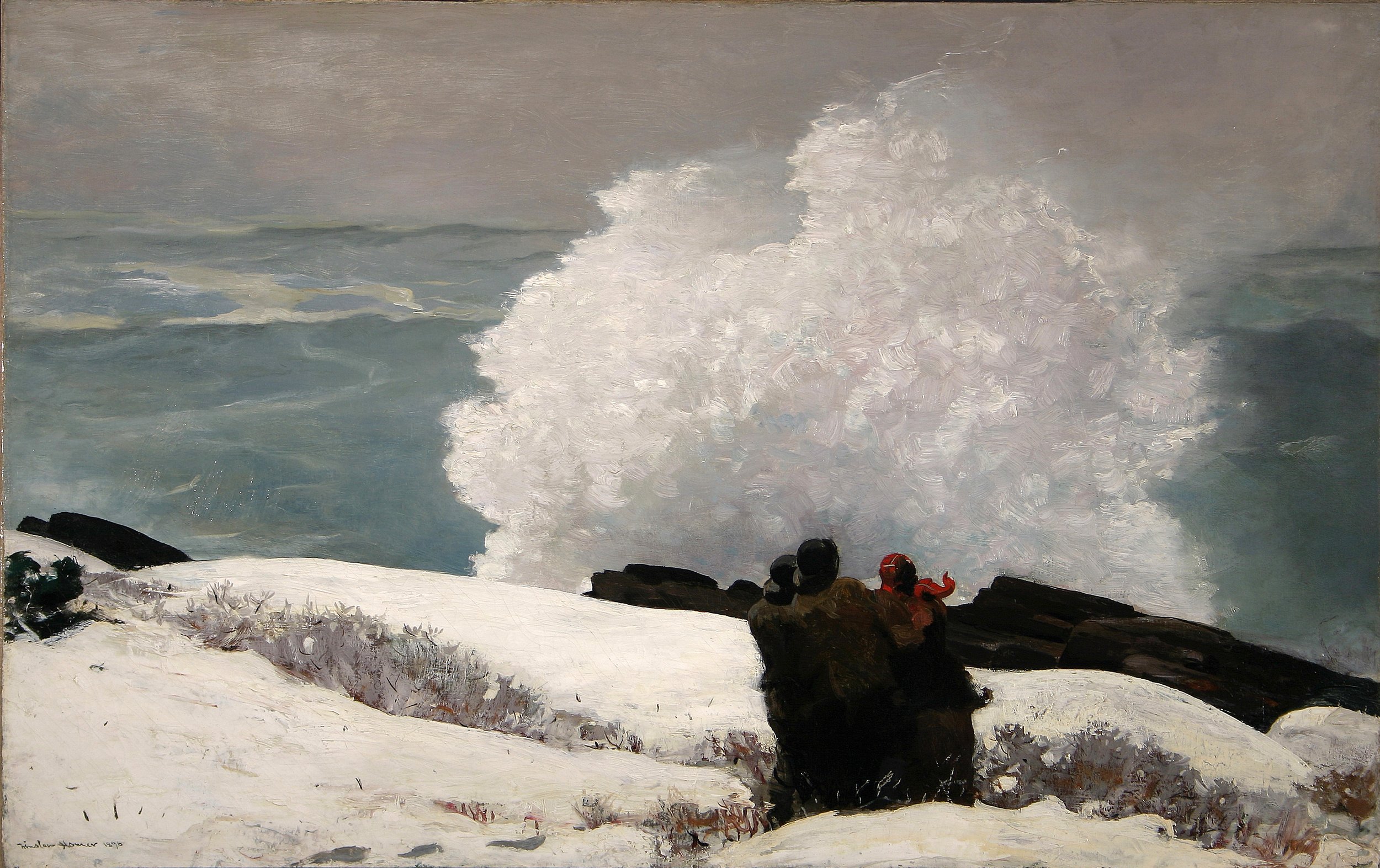 Oil painting of a group of three people standing on a snowy shoreline. In front of them the spray from the ocean comes up in a huge spray