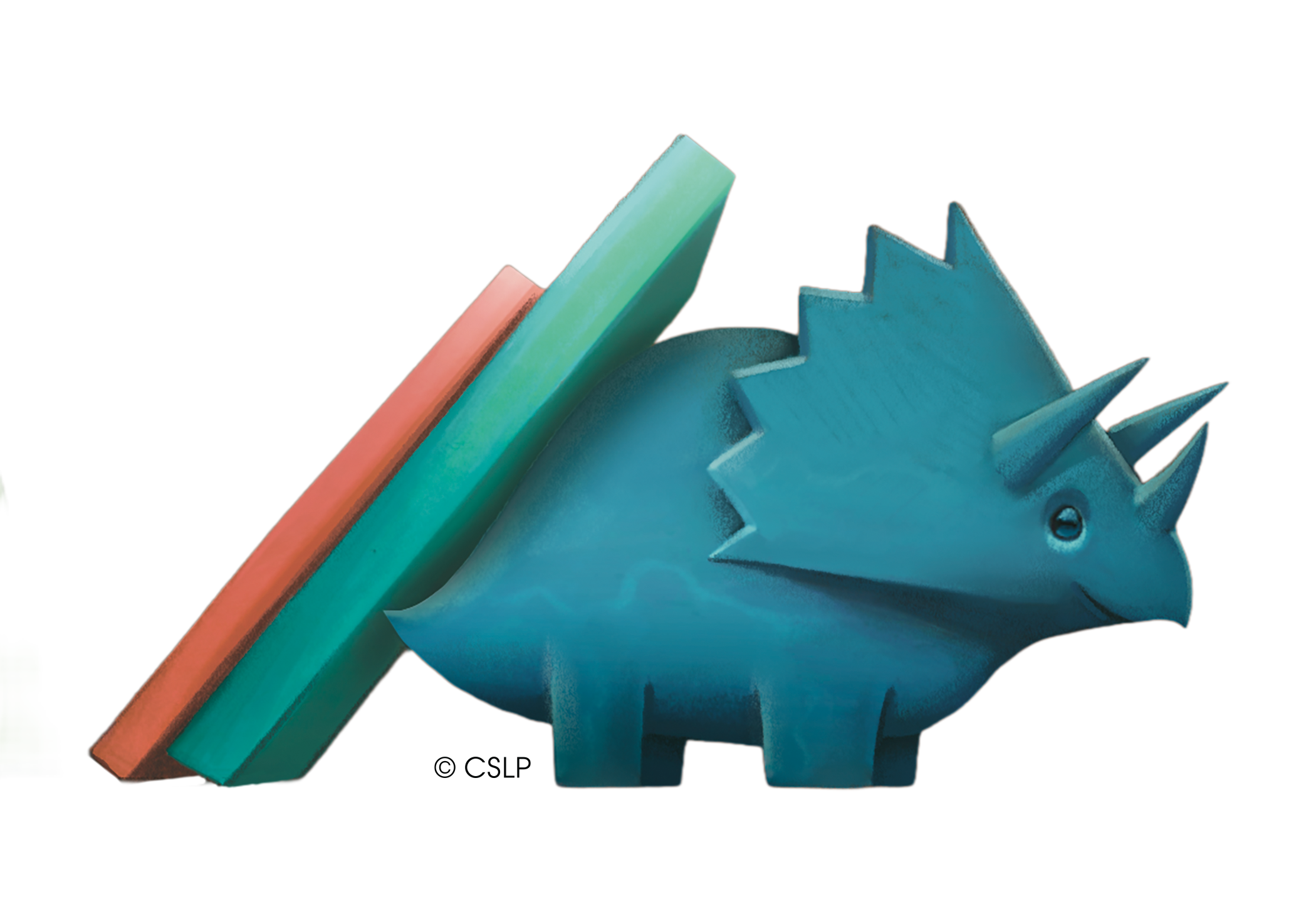 An image of one of the hidden Digby across the site. Digby is a small smiling blue triceratops and the mascot of the 2026 Summer Reading Program. He has two books leaned against his back.