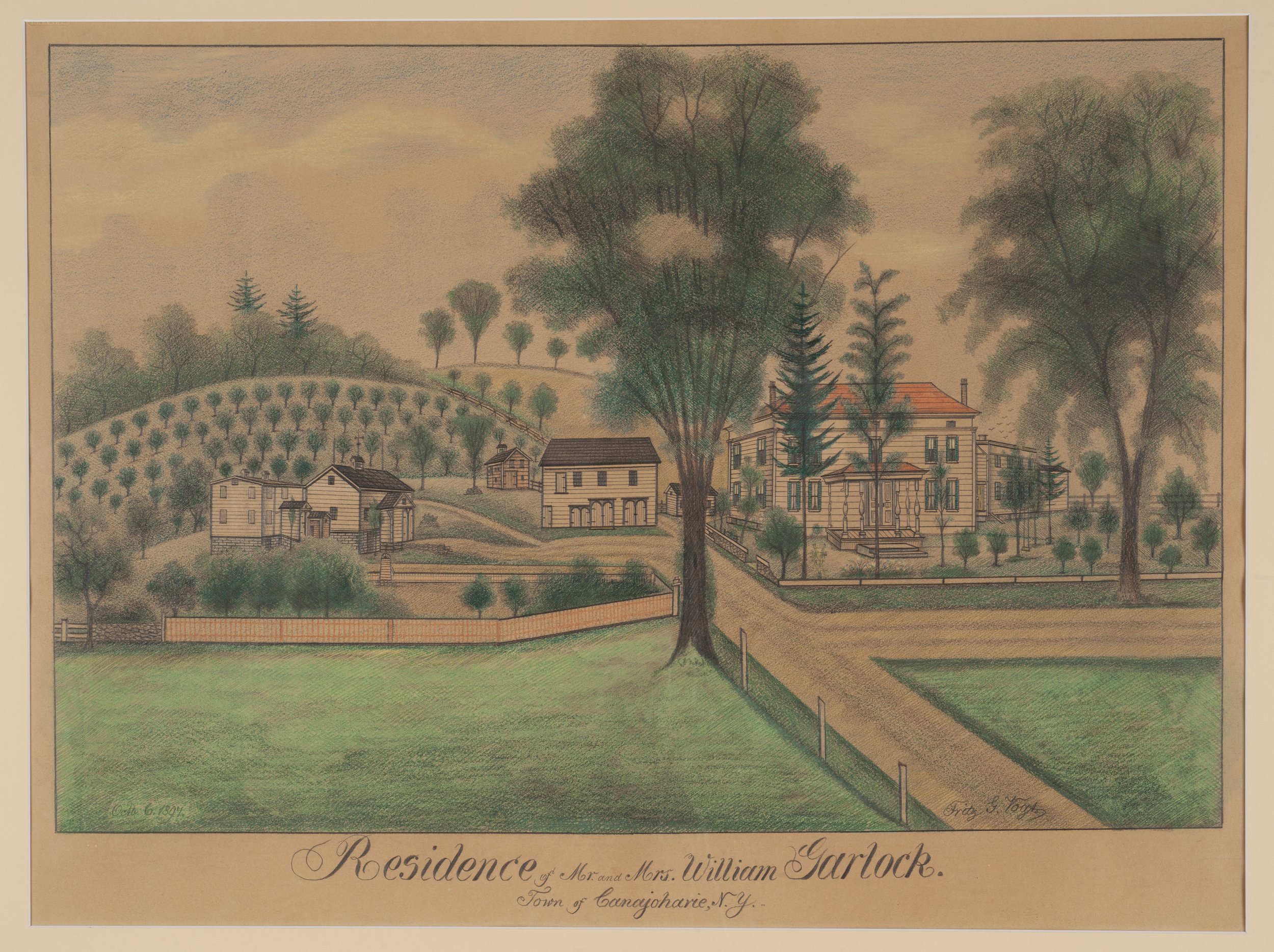 Pencil and color pencil drawing of a farm with a large main house to the right and smaller buildings to the left. There is an orchard in the hills in the background. 