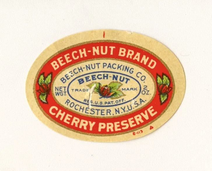 Oval label reads: Beech-Nut Brand Beech-Nut Packing Co Rochester NY Cherry Preserve